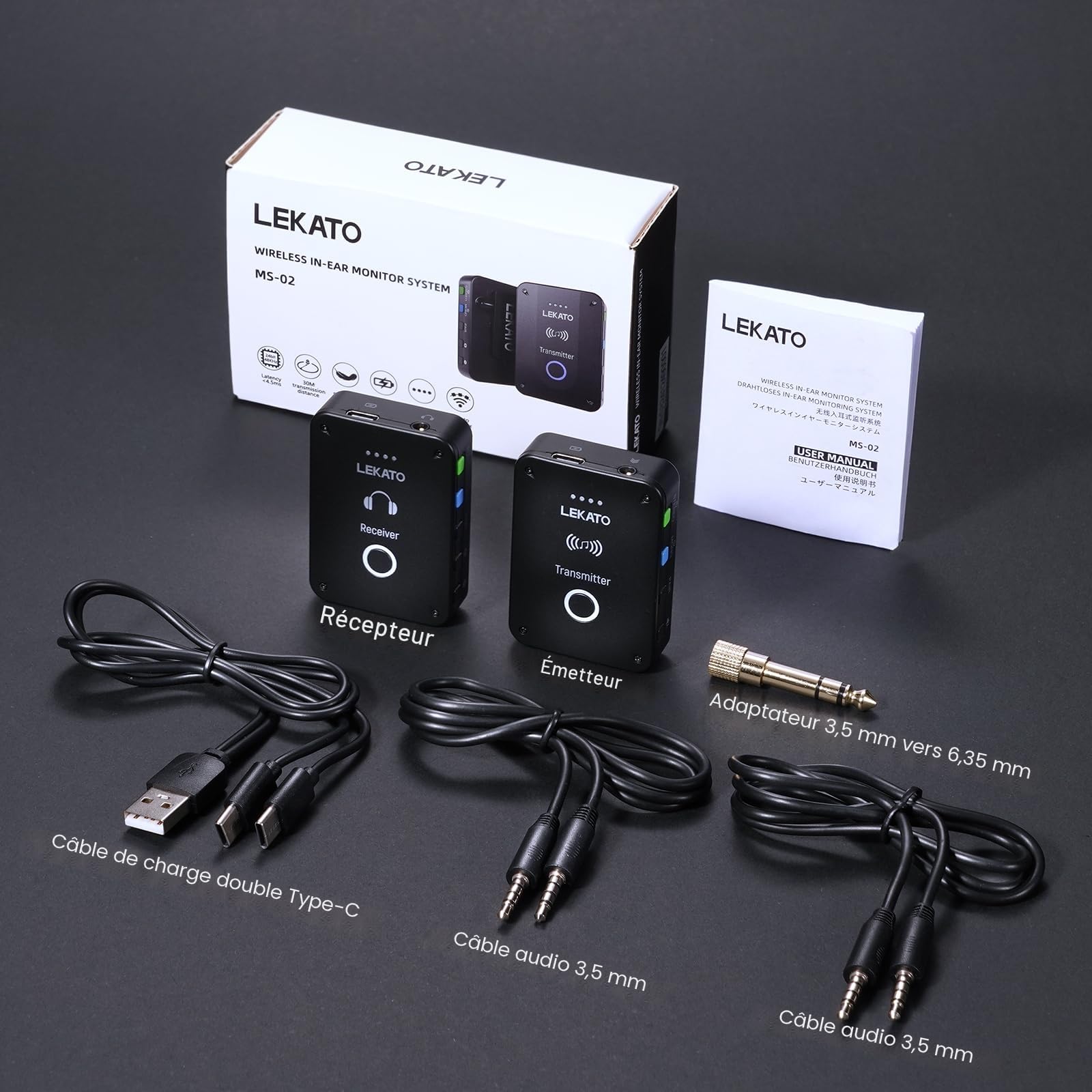 LEKATO MS-02 Système de Moniteur Intra-auriculaire sans Fil, 2,4 G Système de Retours in-Ear IEM sans Fil Professionnel avec Émetteur et Récepteur Fonctionnant en Mode Mono et Stéréo