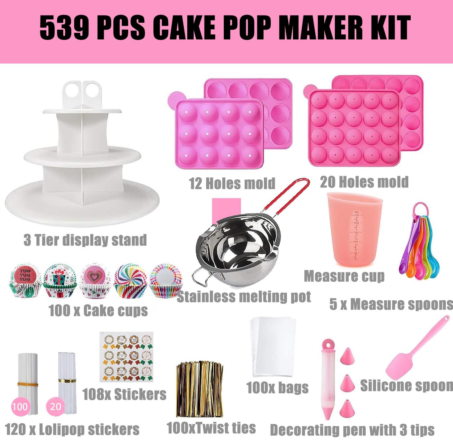 539-teiliges Cake-Pop-Maker-Set, Silikon-Lutscher-Formen, Backzubehör mit 3-stöckigem Präsentationsständer, Schmelztopf für Schokolade, Süßigkeiten, Beutel und Bindebänder, Cakepop-Stifte,