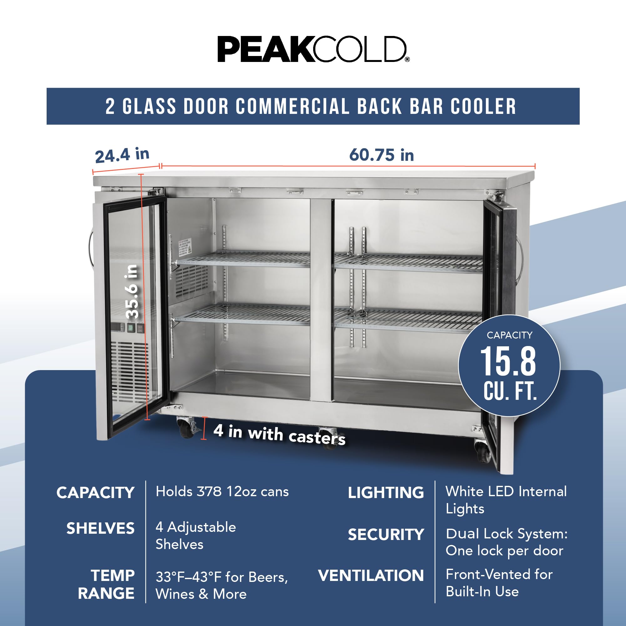 Peakcold 2-Door Counter Height Beverage Refrigerator - 61" Wide Energy Efficient Stainless Steel Beer Fridge With Glass Doors & White LED Lighting - Commercial Back Bar Cooler on Fridge.com - View 6