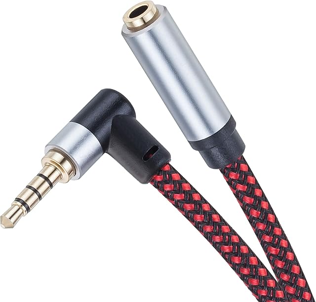 Audio Mic Extension Cable 1M,90 Degree TRRS 3.5mm Aux Headphone Extender 4-Pole Jack Plug Extension Lead Stereo Male to Female Braided Cord for Headset,Laptop,Phone,Switch Lite,Car and More (1M)