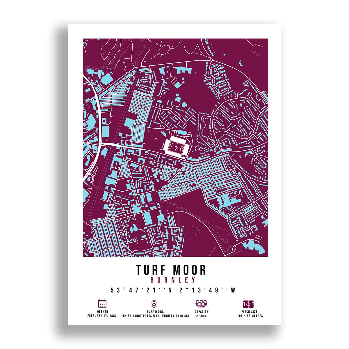 Mounted Gifts Trading Turf Moor Stadium Map Minimalist A4/A3 Poster Photo Print Framed Gift Burnley (A4 Poster Only)