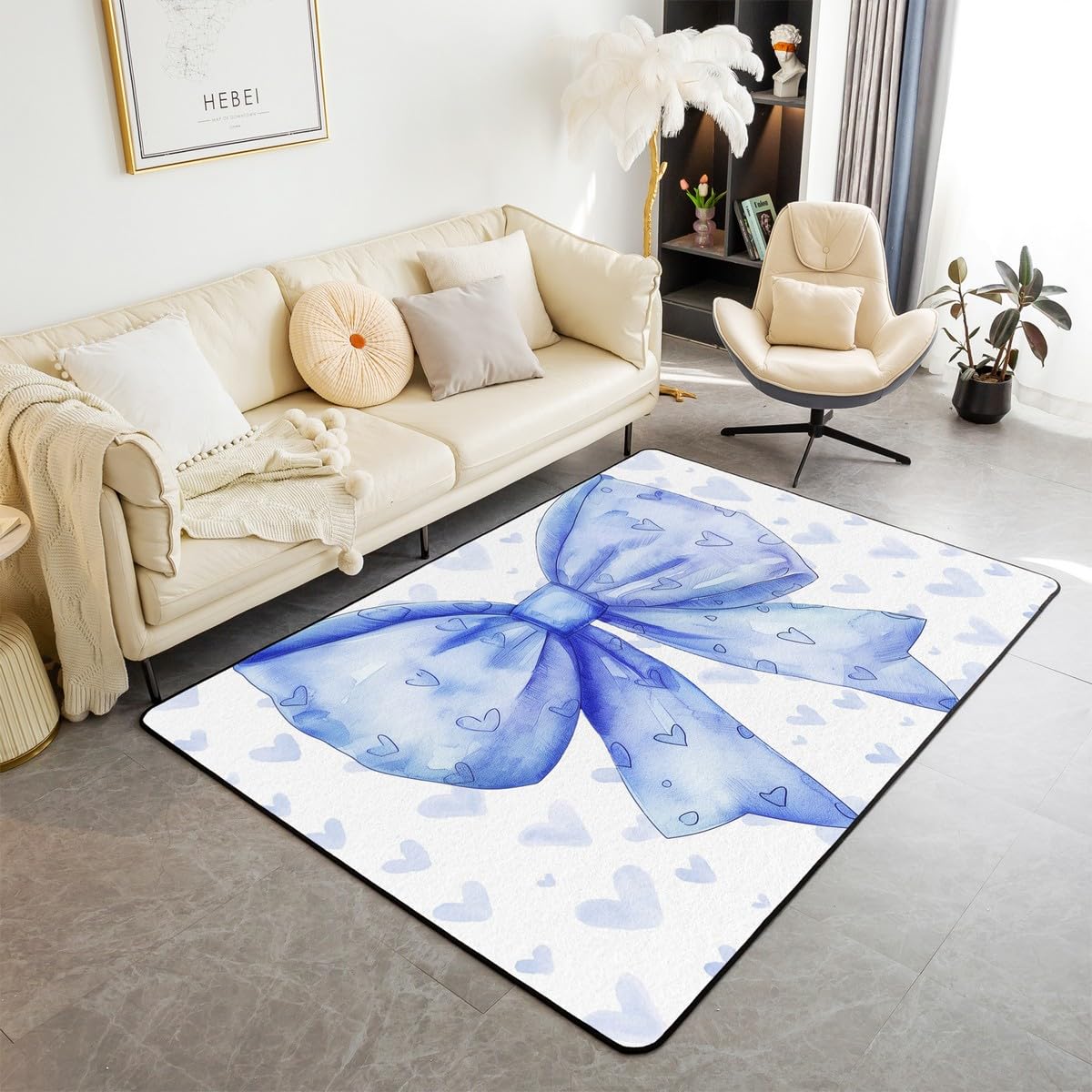 Manfei Blue Bowknot 3'x5' Area Rug,Watercolor Bow Love Hearts Ink Painting Rugs for Living Room Bedroom,Princess Style Girly Romantic Decorative Rug