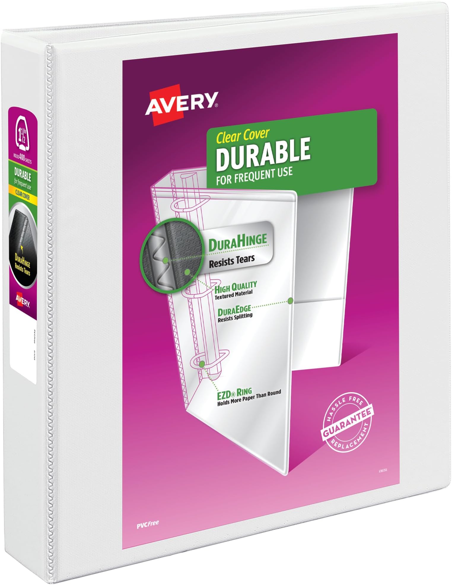Durable View 3 Ring Binder, 1-1/2 Inch EZD Rings, 1 White Binder (09401)