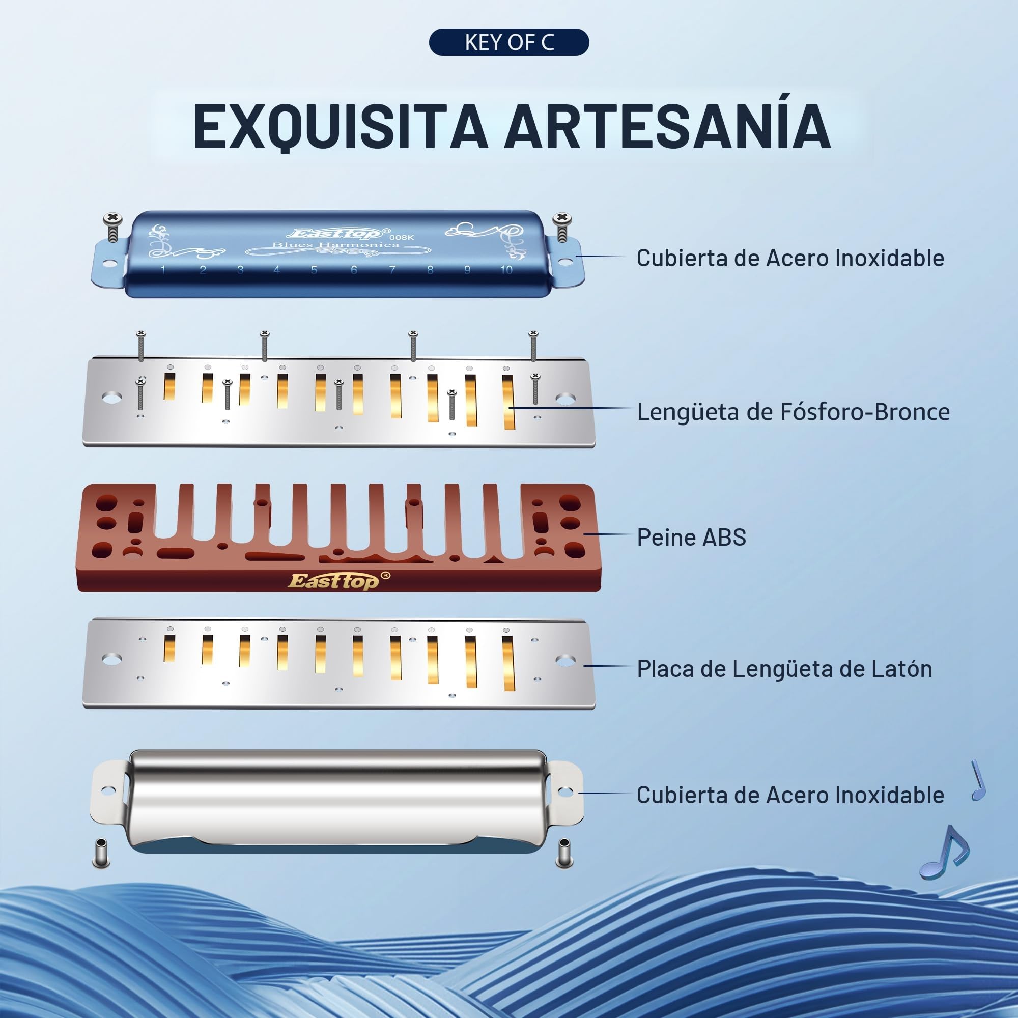 East Top Armónica diatónica para adultos en C 20 tonos T008K con estuche azul, Armónica diatónica de Blues en C, Armónica diatónica infantil para principiantes y estudiantes, como mejor regalo