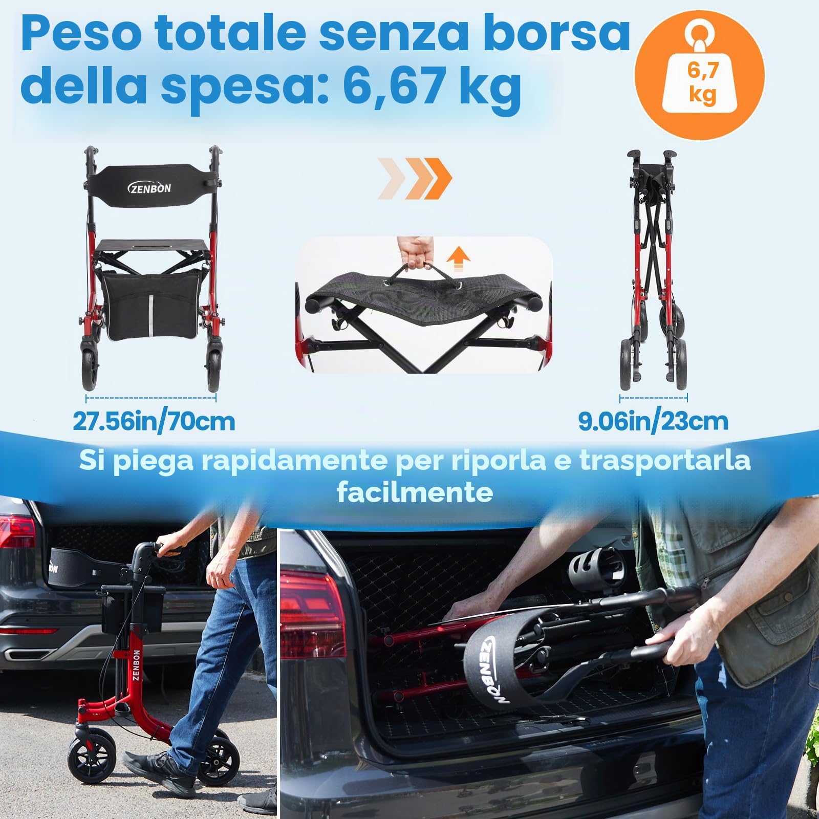 Deambulatore in Alluminio Ultraleggero con 4 Ruote: Rollator Stretto per la Casa, Deambulatore con Seduta Pieghevole per Anziani - Rollator da Viaggio con Maniglia Regolabile in Altezza (Rosso)