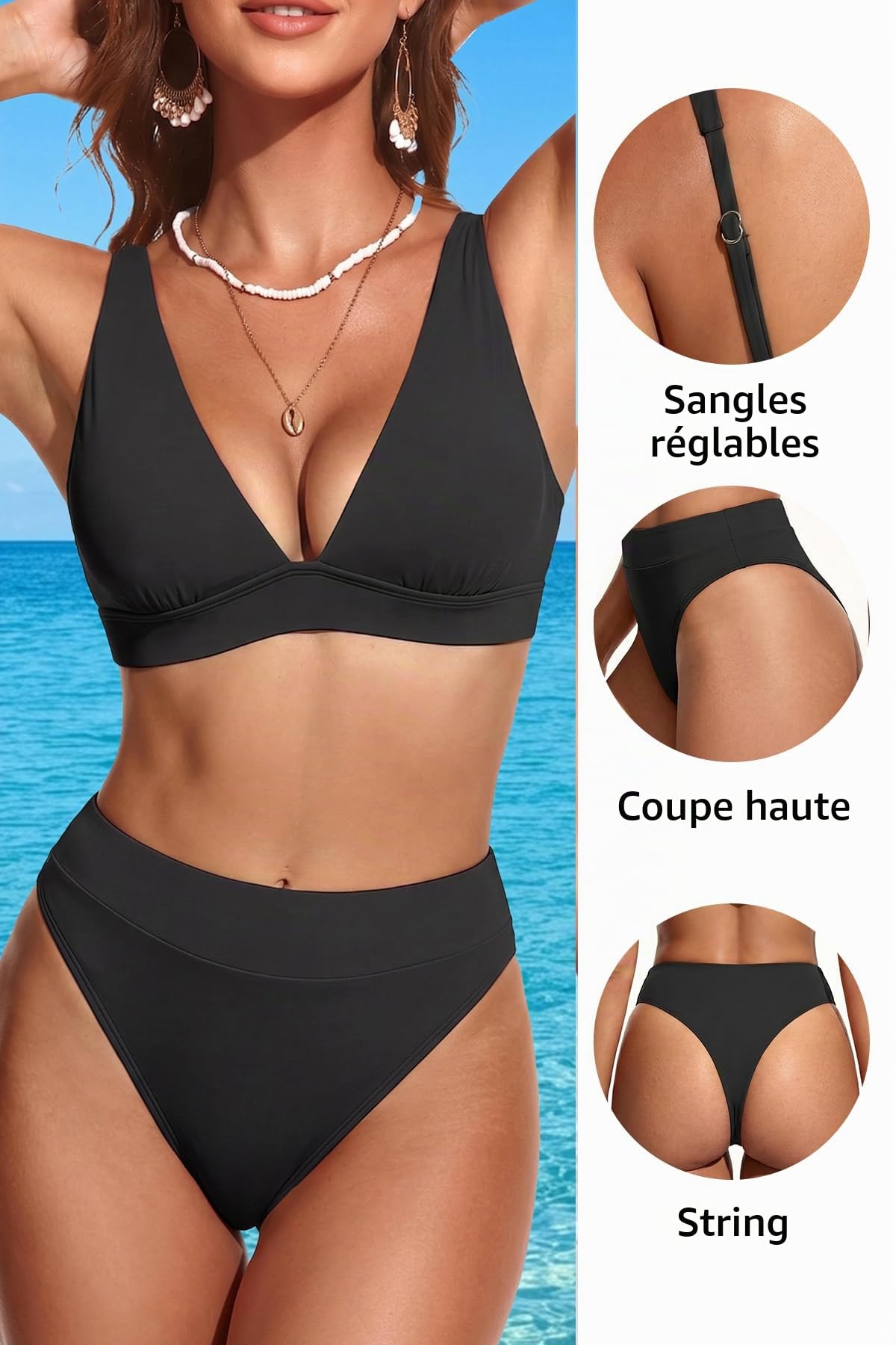 Yonique Ensemble bikini string taille haute 2 pièces bikini coupe haute bikini col en V maillot de bain