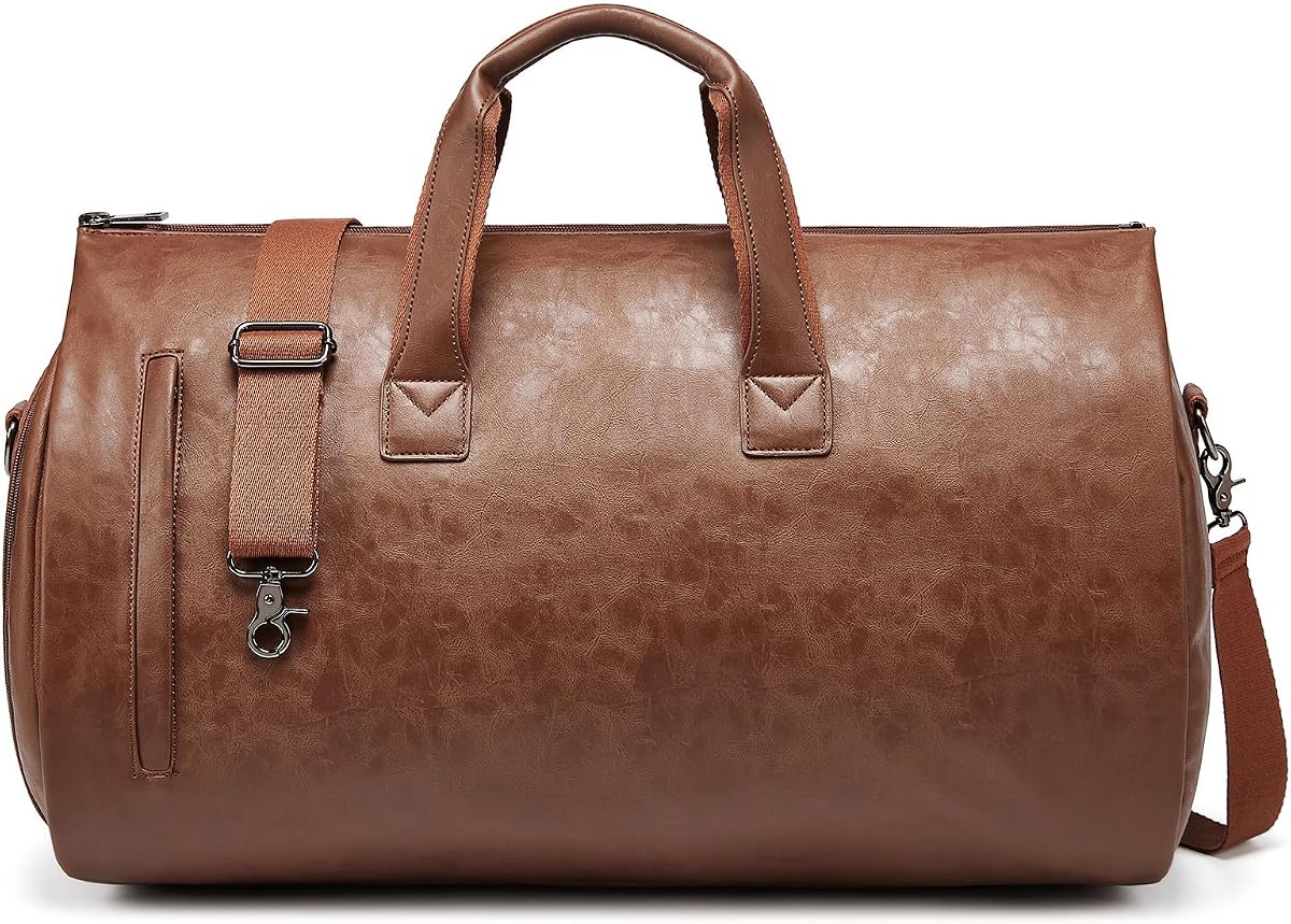 Bolsa de ropa de cuero, bolsa de lona convertible para ropa para viajes Bolsa de traje para hombre 2 en 1 Bolsa de ropa plegable impermeable con correa para el hombro Bolsa de fin de semana con bolsa para zapatos