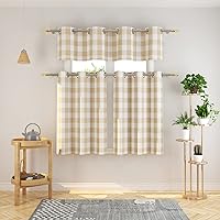 Vista 11 de Juego de 3 cortinas de cocina estilo campirano clásico con ventana de algodón y cenefa con ojales - Set de cenefa y volado a cuadros Buffalo en rosa