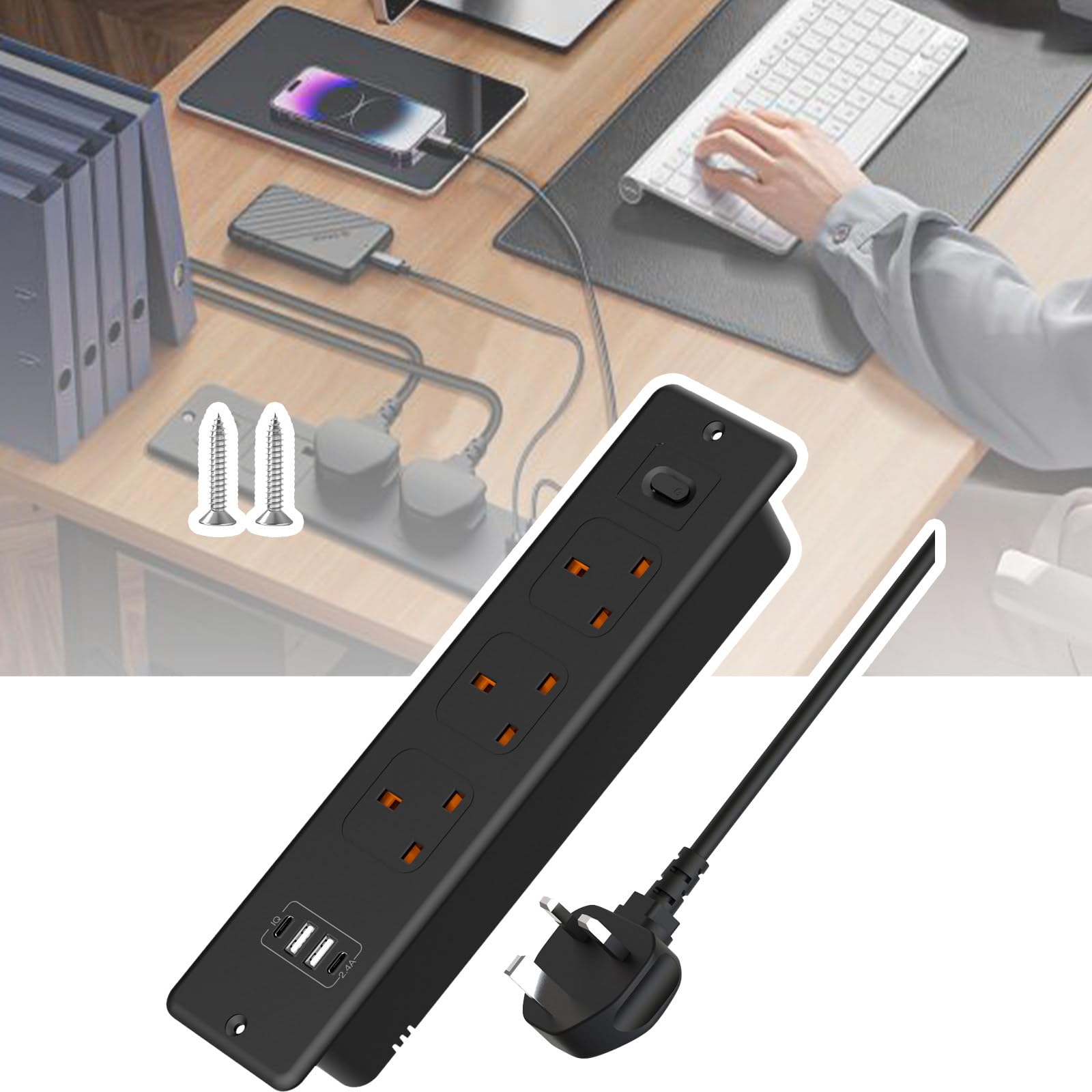 Prise encastrable plan de travail compacte anti encombrement avec USB C noir