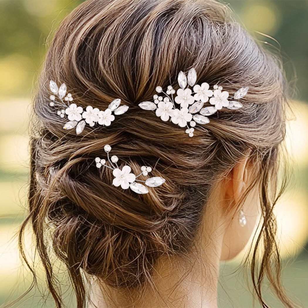 Casdre Flower Bride Wedding Hair Pins Silver Crystal Bridal Hair Accessories Pearl Hair Pieces for Women and Brides (Pack of 3) (Silver, One Size)