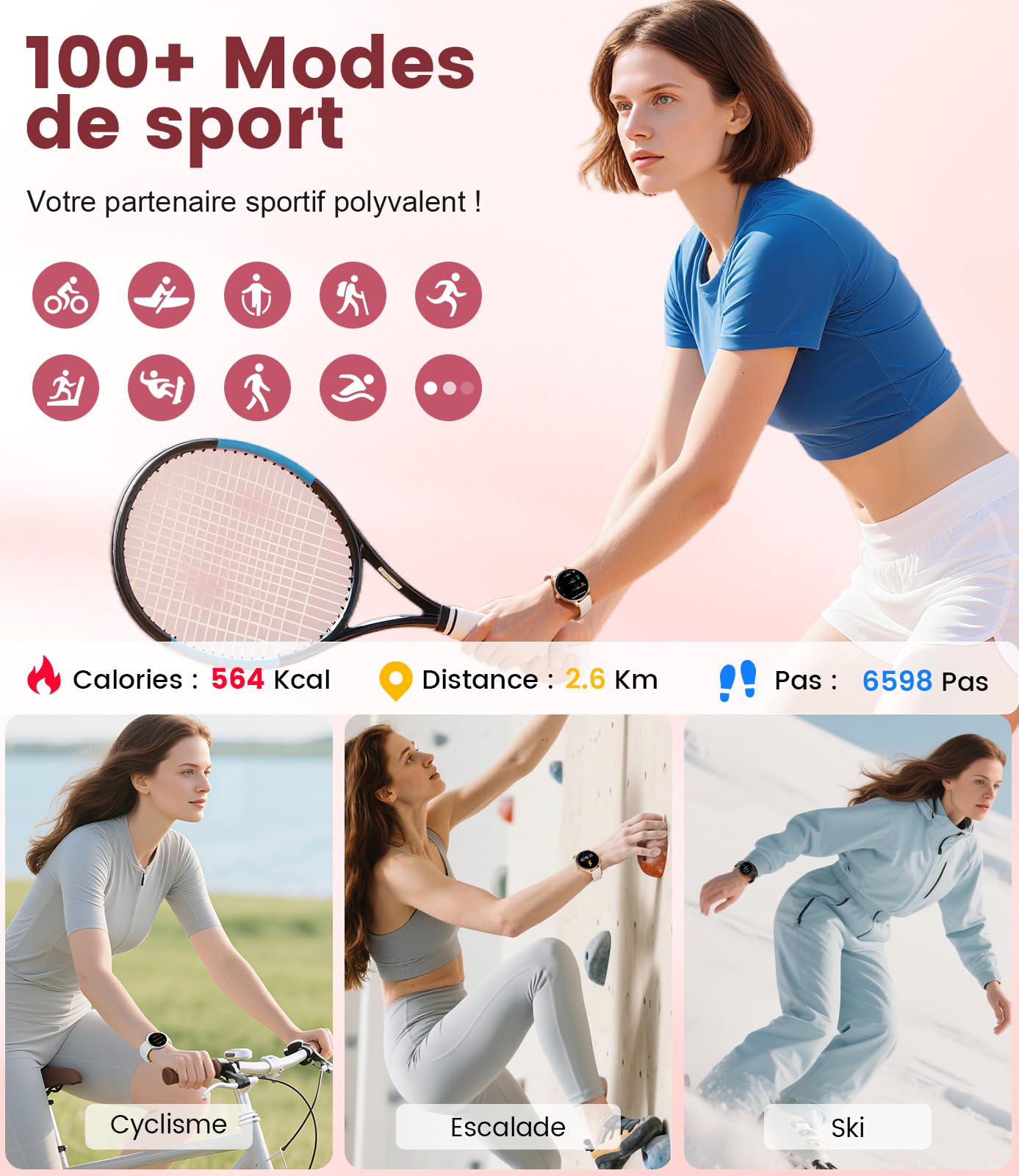 Montre Connectée Femme avec Appel Bluetooth, 1,32"Amoled Display, IP68 Étanche Smartwatch, 2 Sangles/100+ Modes Sportifs pour Android iOS, Fréquence Cardiaque/Sommeil/Fonction Féminine, Or Rose