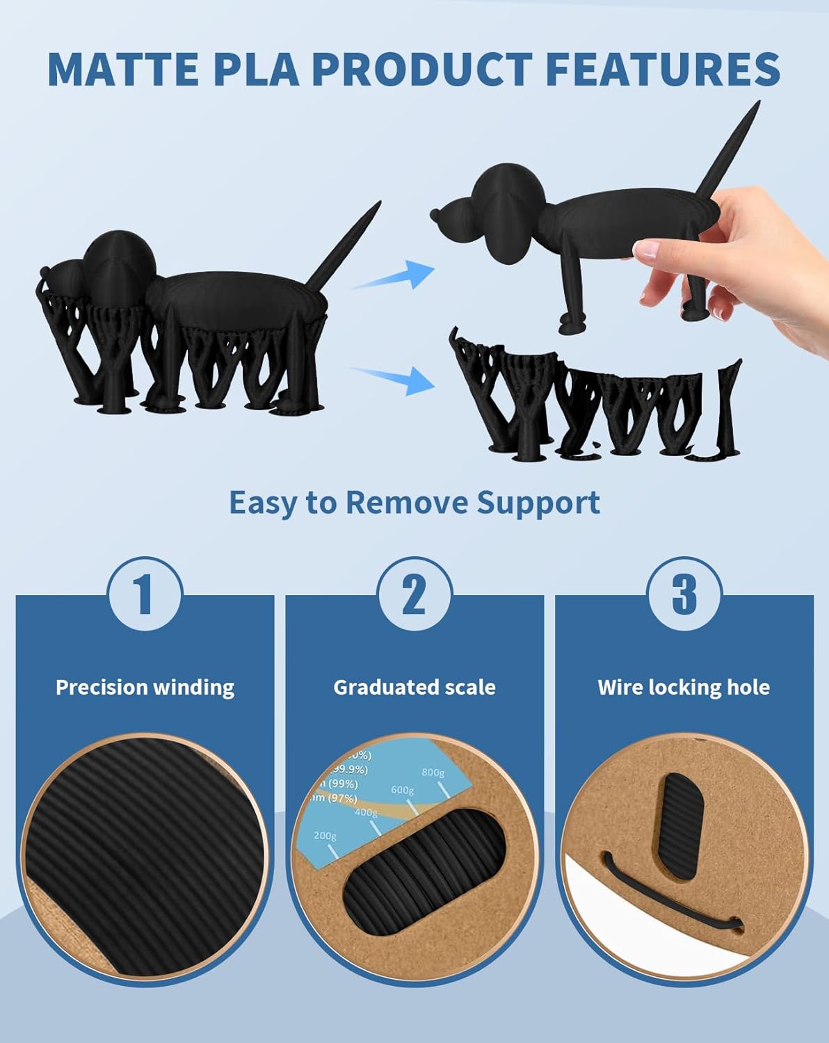 DURAMIC 3D Matte PLA Filament 1.75mm Black Blue 2 Pack, 1kg Cardboard Spool Matte Finish 3D Printer Filament PLA 1.75mm Dimensional Accuracy 99% +/- 0.03 mm, Printing with FDM 3D Printer,