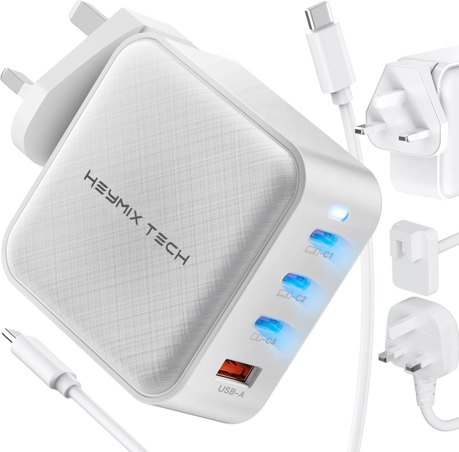 HEYMIX TECH 100W USB-C GaN Charger – USB C Travel Charger, USBC Laptop PD Wall Charger, 65W/100W Travel GaN Adapter with UK/EU Plugs & 100W USB-C Cable Compatible with MacBook Pro,Lenovo,HP,Dell