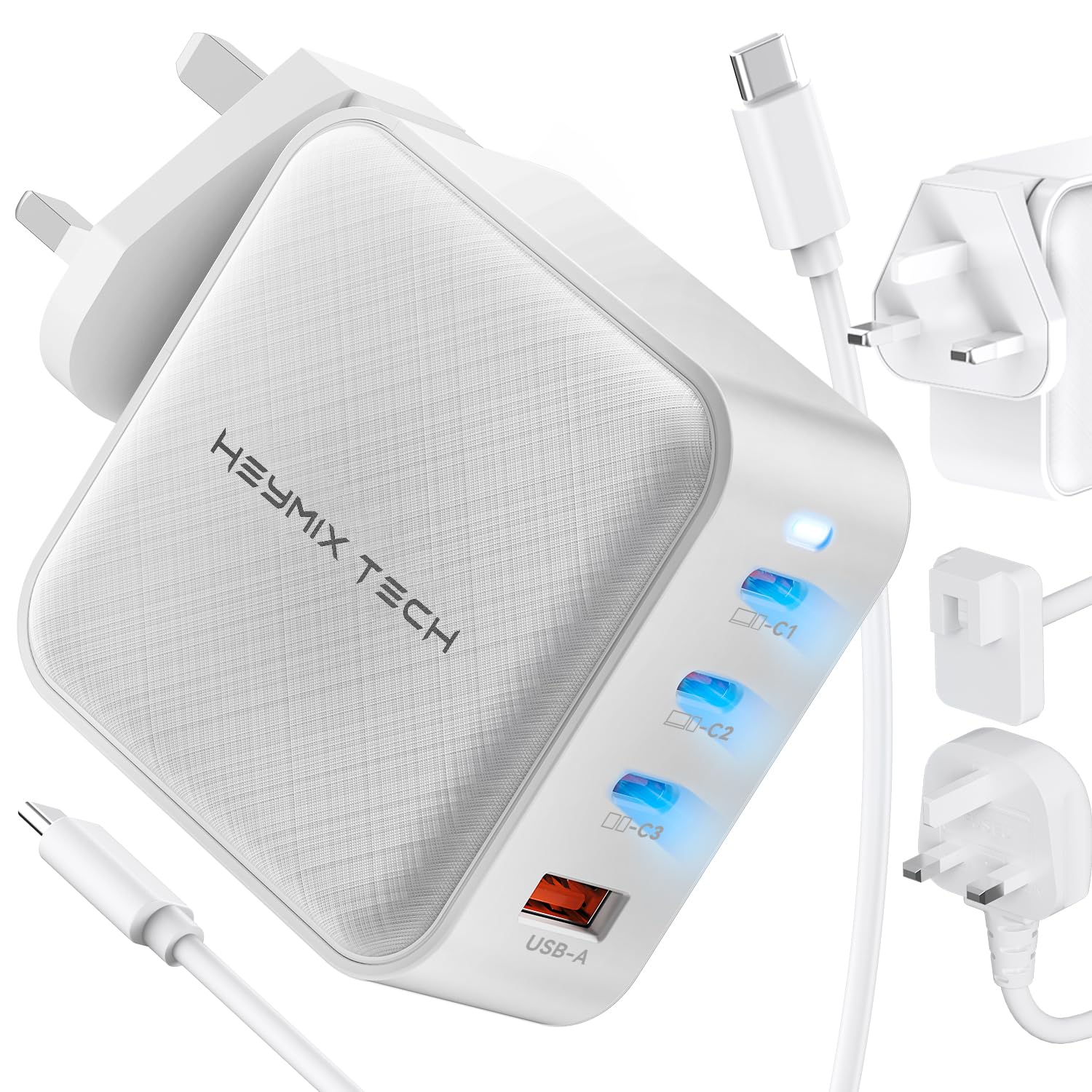 HEYMIX TECH 100W USB-C GaN Charger - USB C Travel Charger, USBC Laptop PD Wall Charger, 65W/100W Travel GaN Adapter with UK/EU Plugs & 100W USB-C Cable Compatible with MacBook Pro,Lenovo,HP,Dell