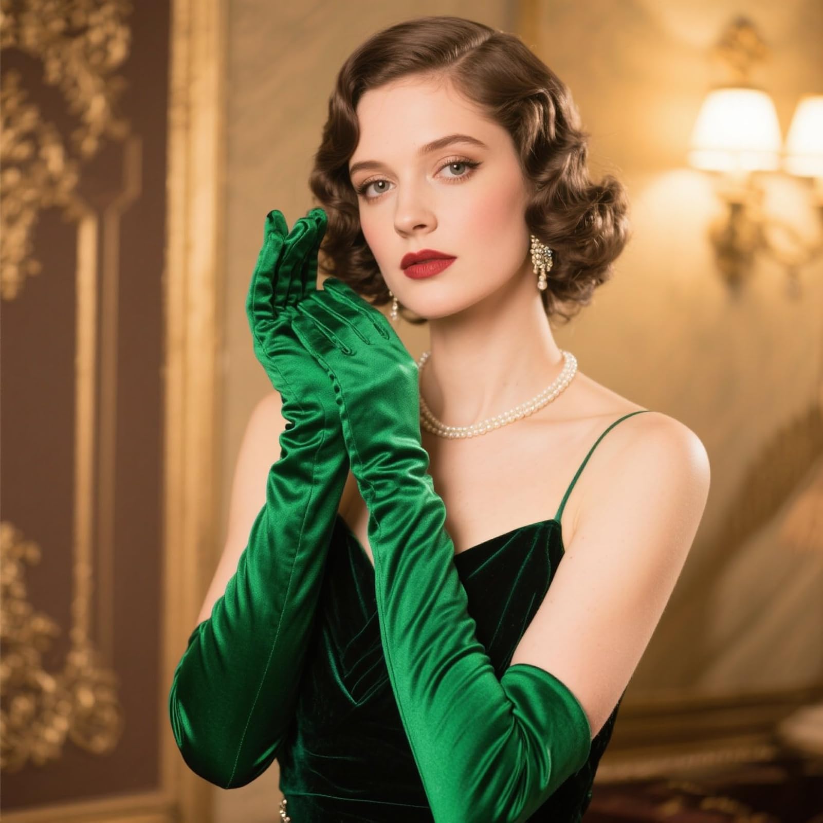 THARAHT Women Long Gloves with Satin Elbow Length for 1920s Opera Tea Party Costumes Bridal Evening Dress: Stain Green