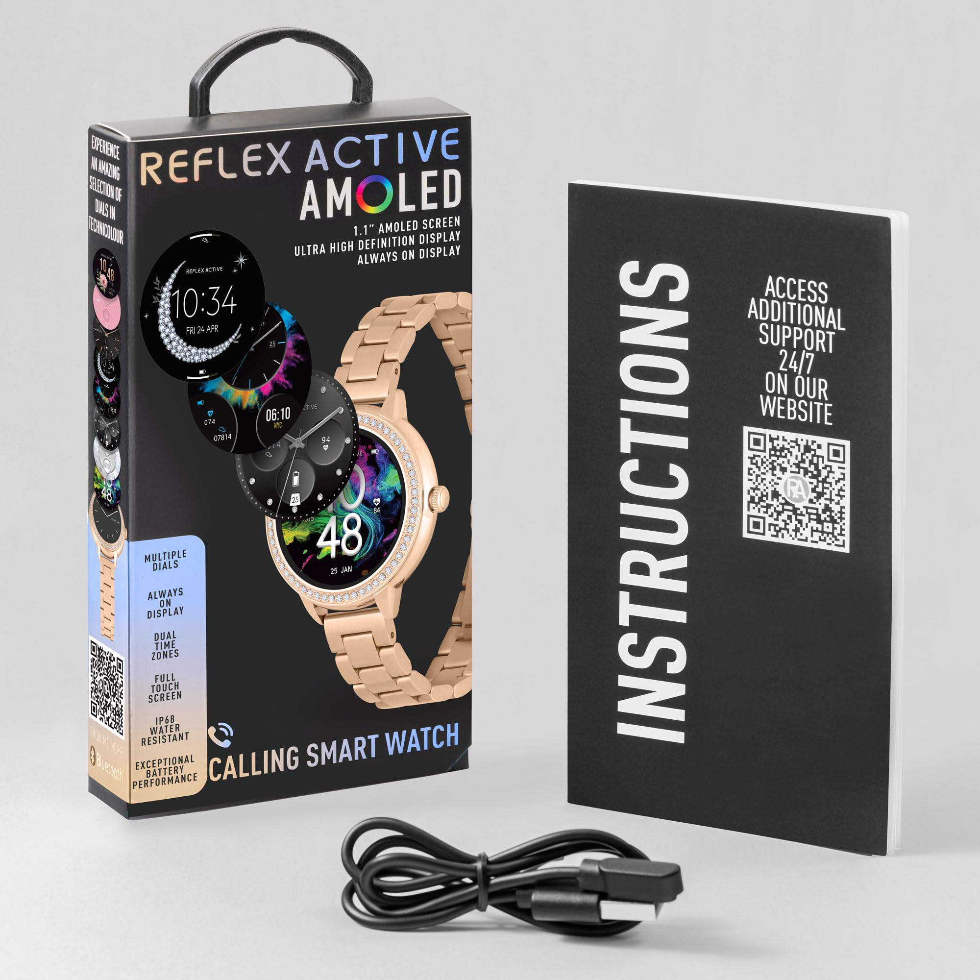 Reflex Active Inteligentny zegarek Amoled Series 41 dla kobiet z trybami sportowymi, tętnem, odbieraniem połączeń, odtwarzaczem muzyki, GPS, licznikiem kroków, śledzeniem cyklu i zestawem kamieni