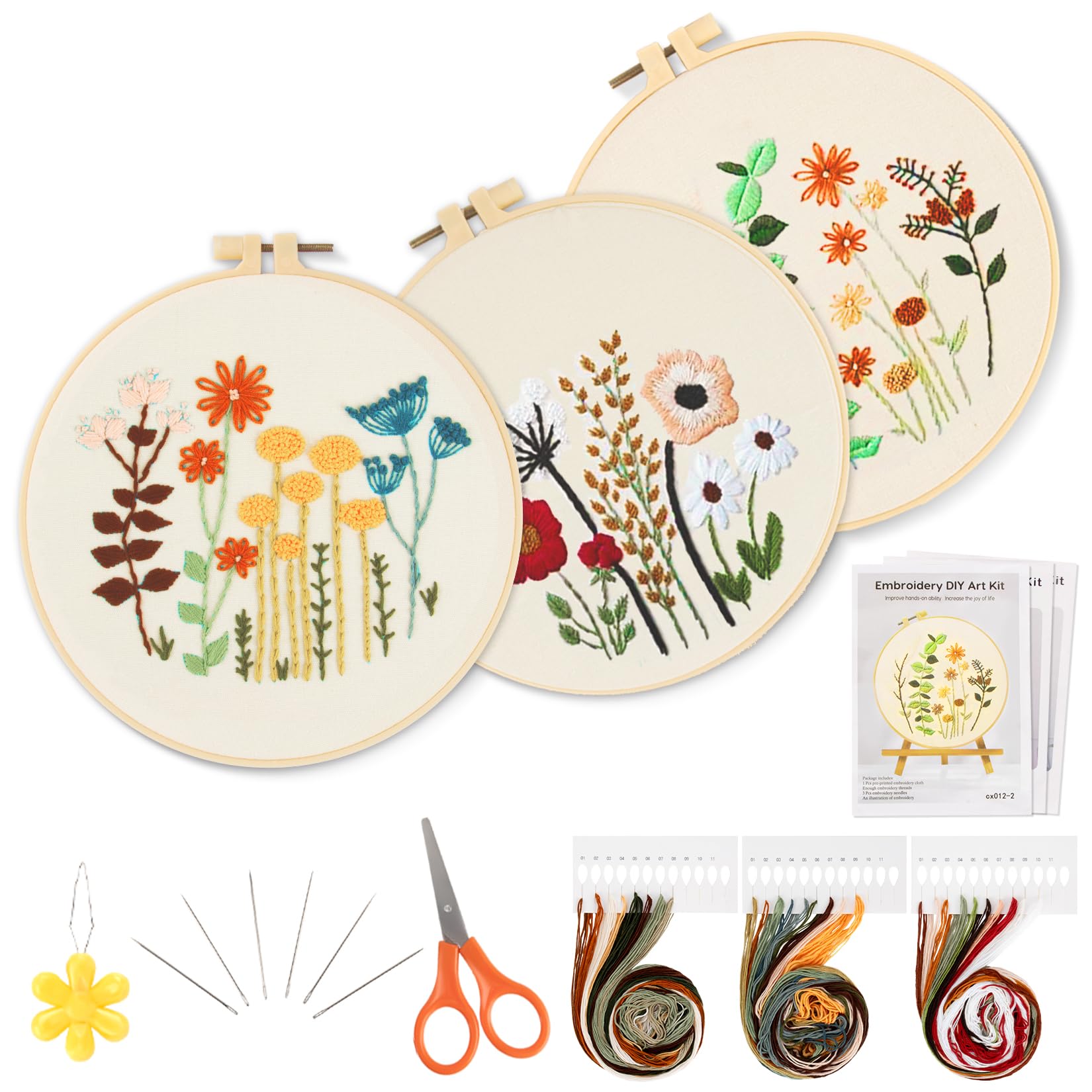 RAINFLOW 3 Sets Embroidery Kits - Flower Embroidery Kit for Beginners,Stamped Floral Plant Pattern,Needlepoint Set for Adults,Hand Craft Lover with Hoop, Instructions and Threads