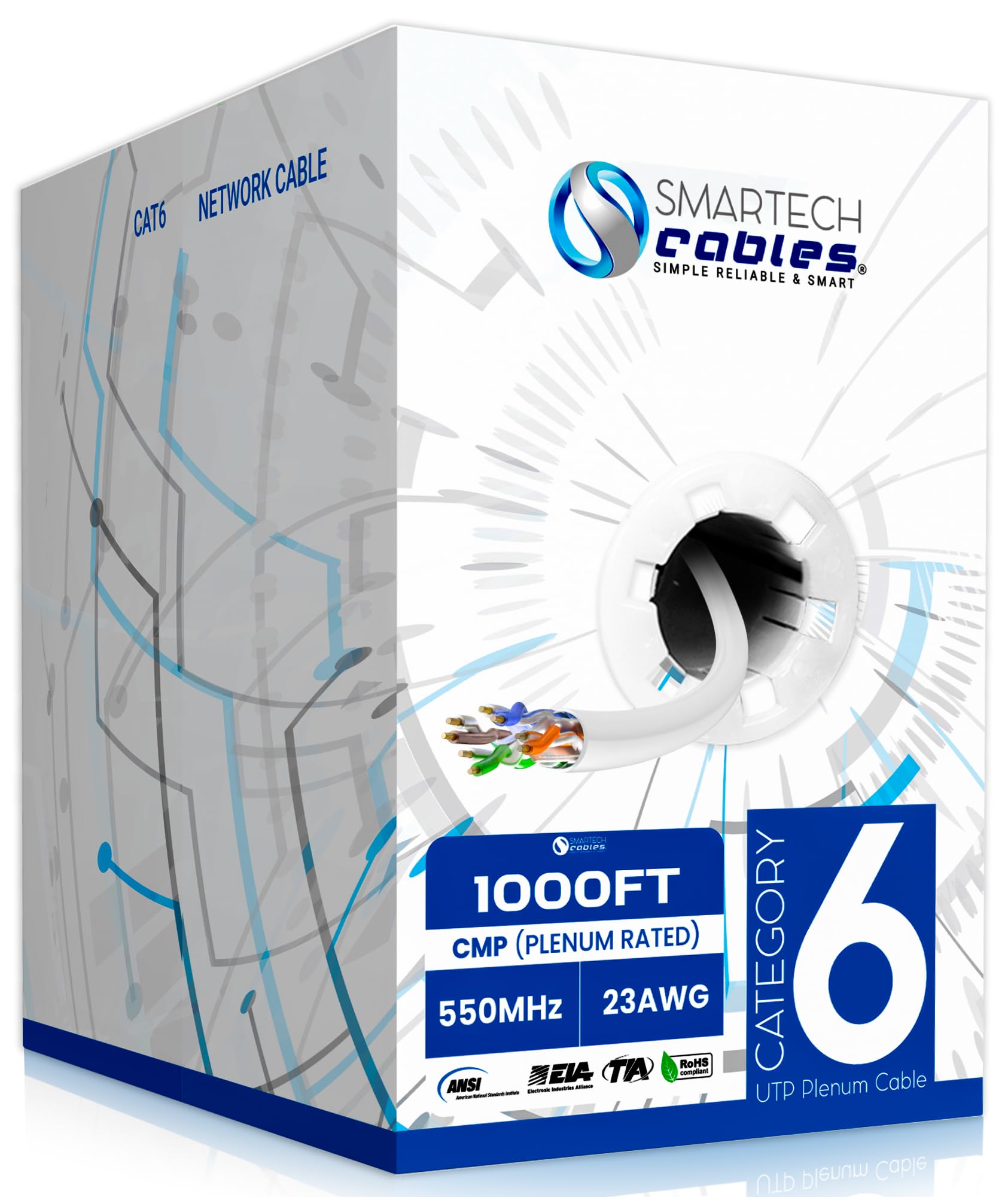 Cavo Plenum CAT6 da 304,8 m, bianco, 23 AWG, 550 MHz, UTP, 4 paia, cavo Ethernet da 10 GB, testato DSX-8000, cavo Ethernet Cat 6 (CMP) più certificato per reti e giochi