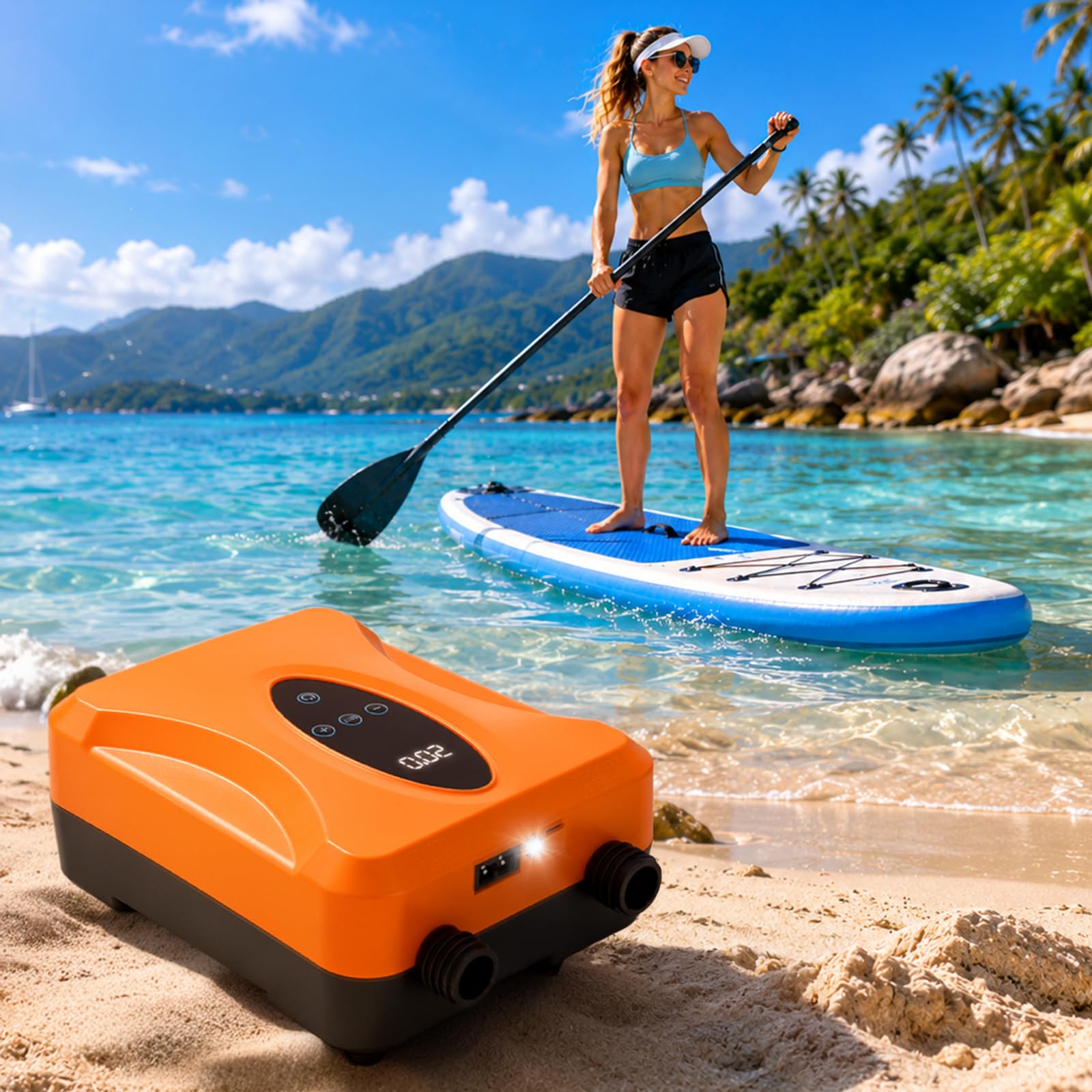 SUP Pumpe Elektrisch Wiederaufladbar 20 PSI, Akku Paddle Board Pumpe mit Auto Stopp und Digitalanzeige, 12000mAh SUP Kompressor für Stand Up Paddle Board, Kajak, Schlauchboot, Luftmatratze