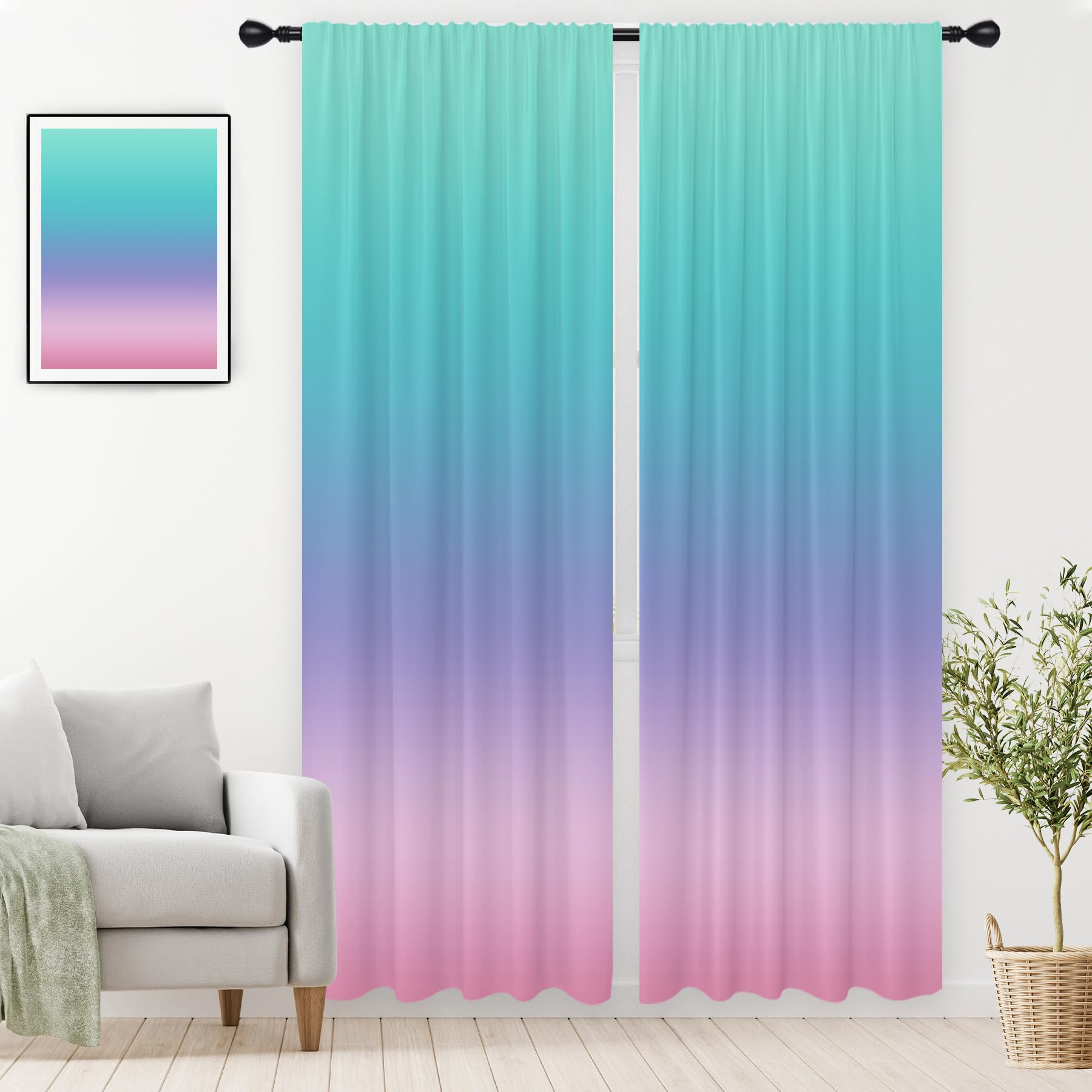 EGLGCC Pink Kids Curtains Long Girls Cute Purple Teal Ombre Colorful Pastel Girly Nursery Turquoise 42W x 84L Inches Rod Pocket for Bedroom Living