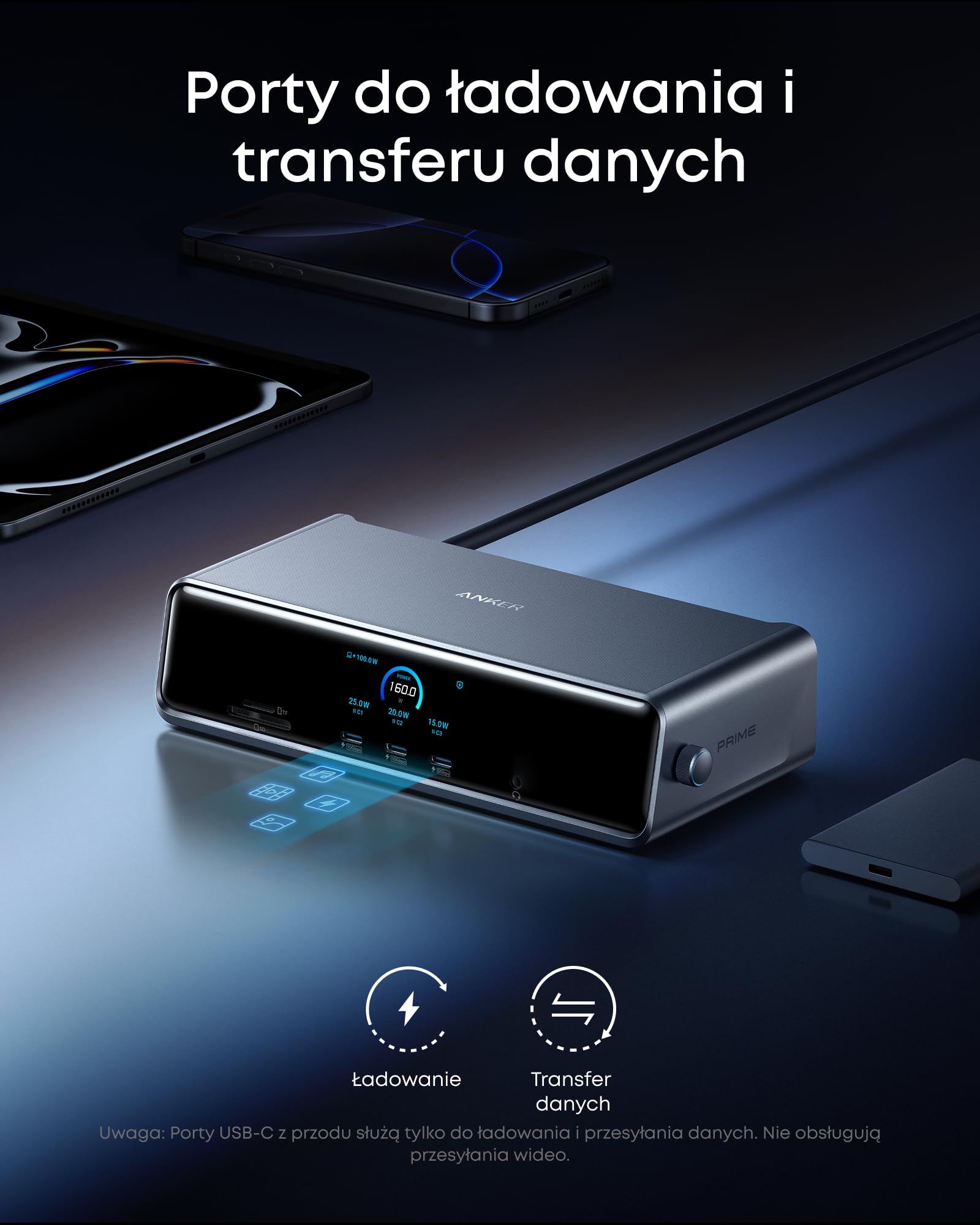 Stacja dokująca Anker Prime (DL7400), 14 portów, trzy wyświetlaczze z DisplayLink, maks. 140 W, inteligentny wyświetlacz, trzy wyświetllacze 4K 60 Hz, wentylator chłodzący, do systemów macOS i Windows