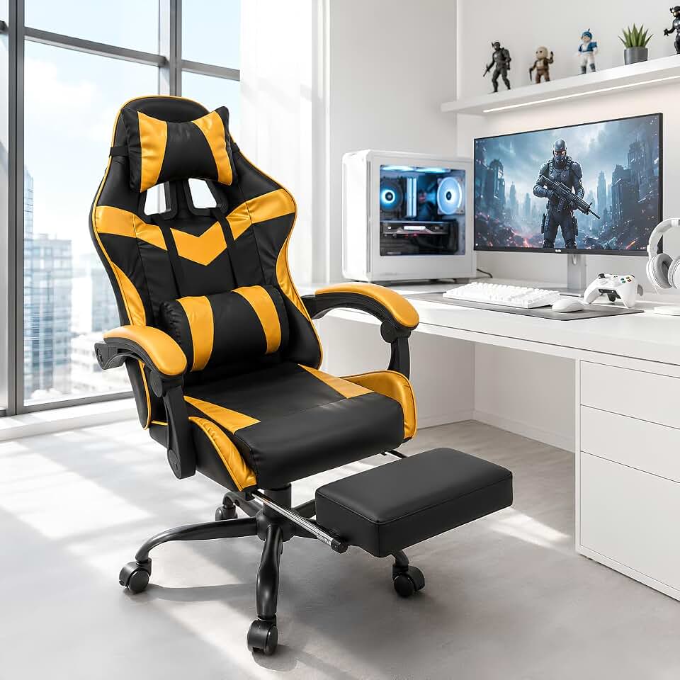 Cadeira Gamer BlackGold Ergonômica com Inclinação e Apoio para Pernas (Preto/Dourado, unidade, 1, 1)