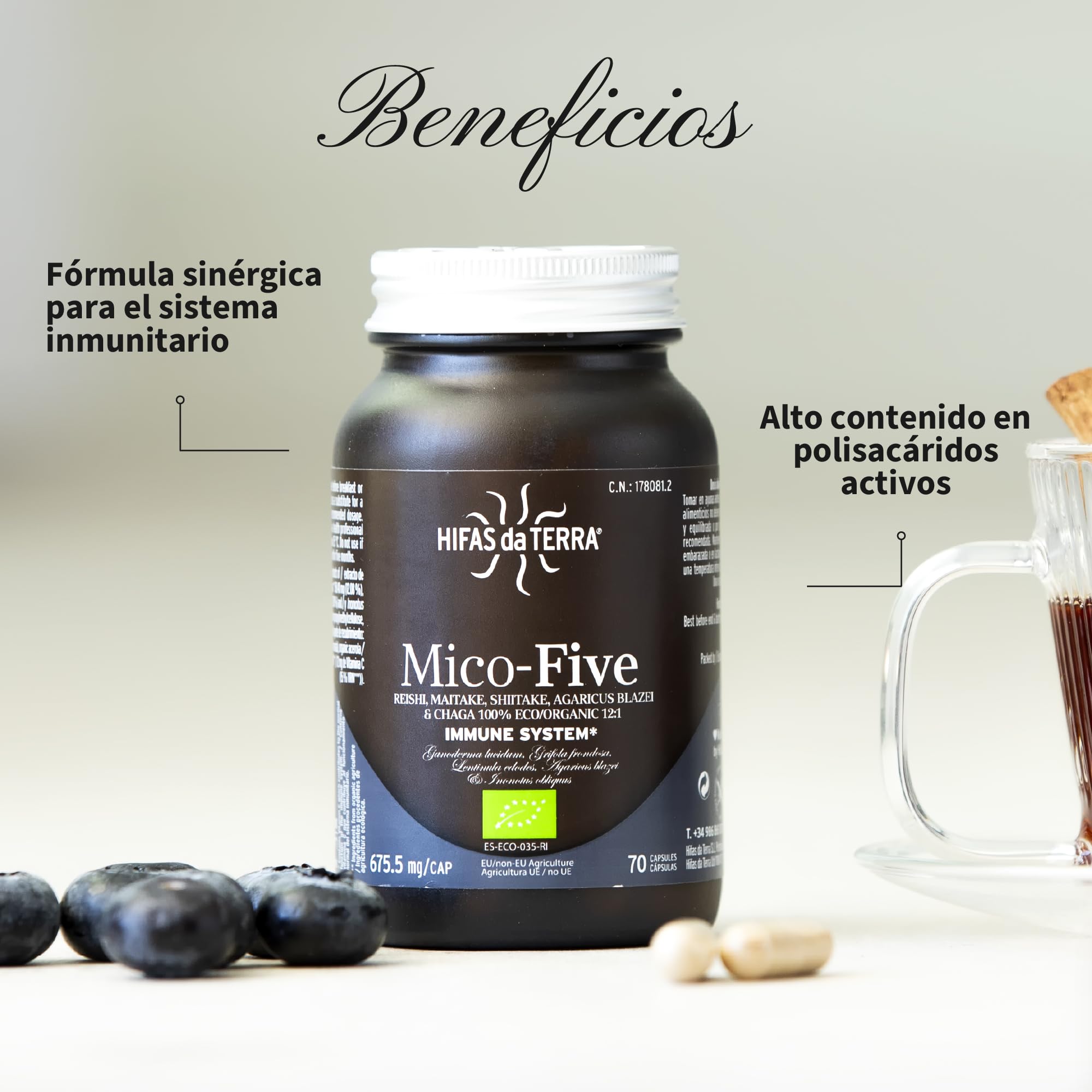 HIFAS DA TERRA - Mico-Five - Extracto Puro de Reishi, Maitake, Shiitake, Champiñón del sol y Chaga con Vitamina C - Refuerzo inmunitario natural - Extracto de Hongos - Refill 60 Cápsulas