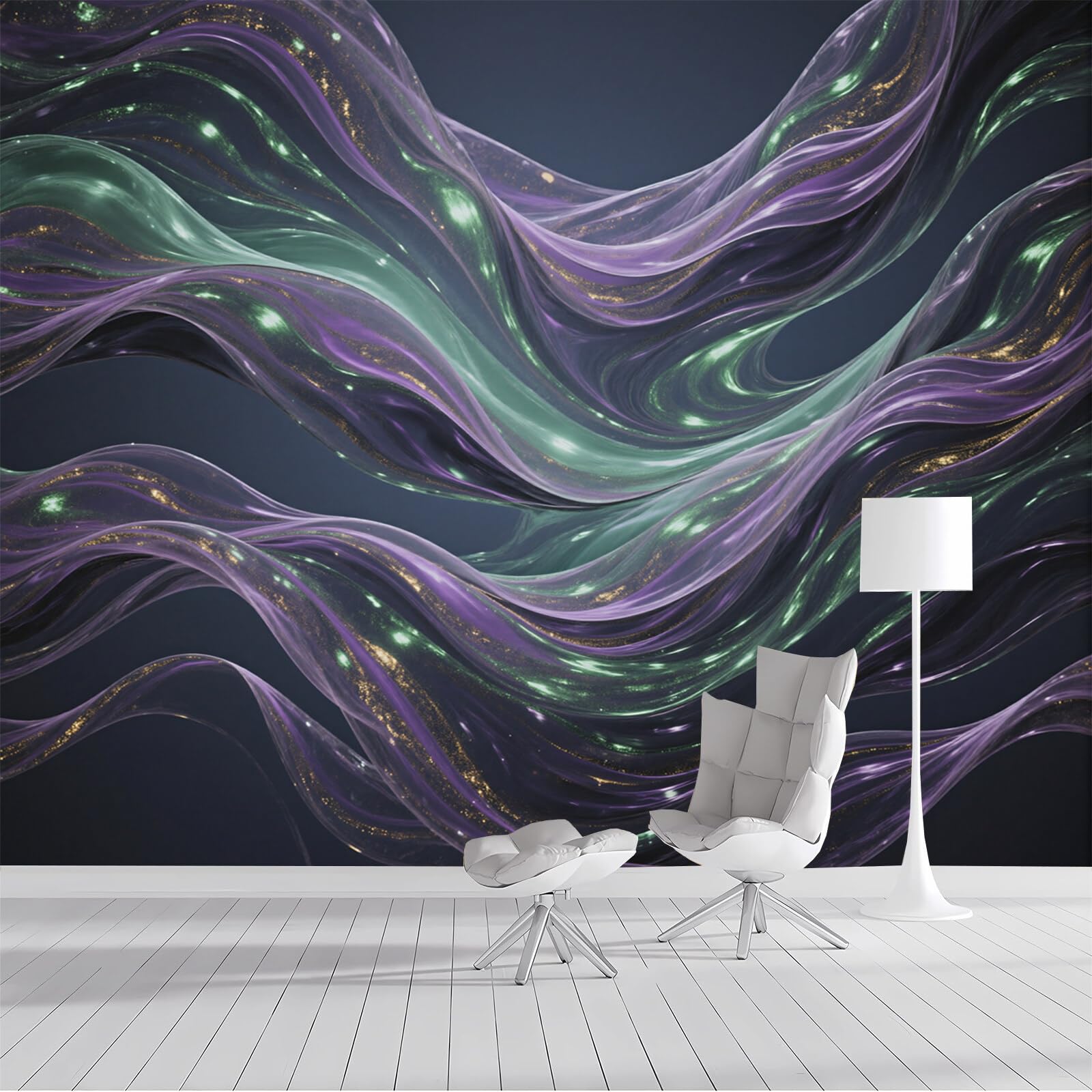 Papier peint panoramique abstrait vert-violet au rendu artistique haut de gamme