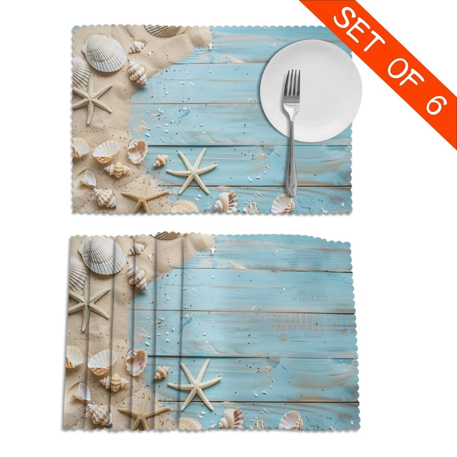 Mount Hour Sea Shell Beach Summer Starfish Board Placemats Set of 6 Heat-Resistant Washable Table Non-Slip Place Mat for Dining Table 12 X 18 Inches