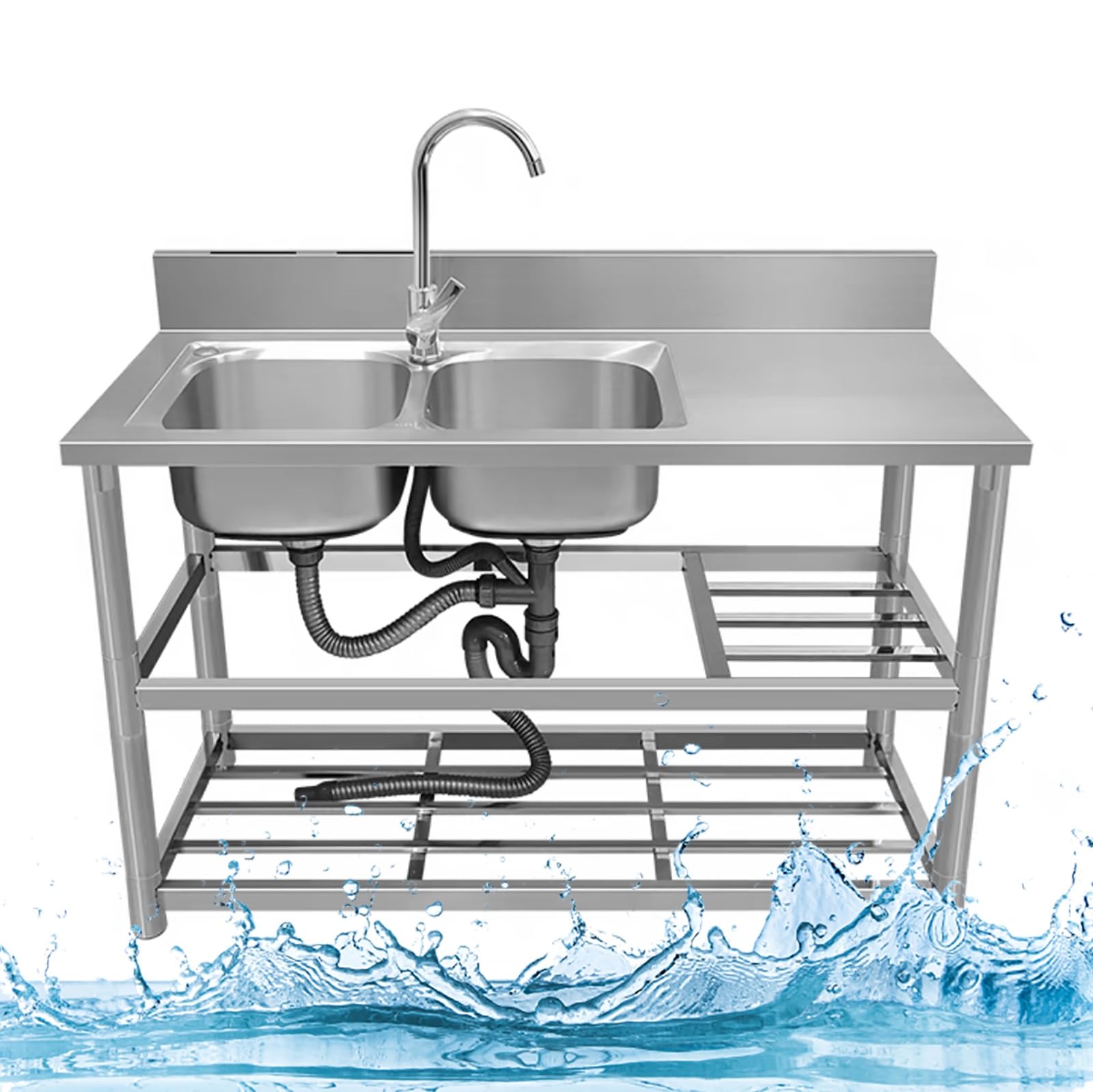 LMYSXAOZ Stainless Steel Utility Sink with Double Storage Shelves and Tap Ideal for Restaurant Garage Laundry Room Free Standing Workbench Drainer Unit
