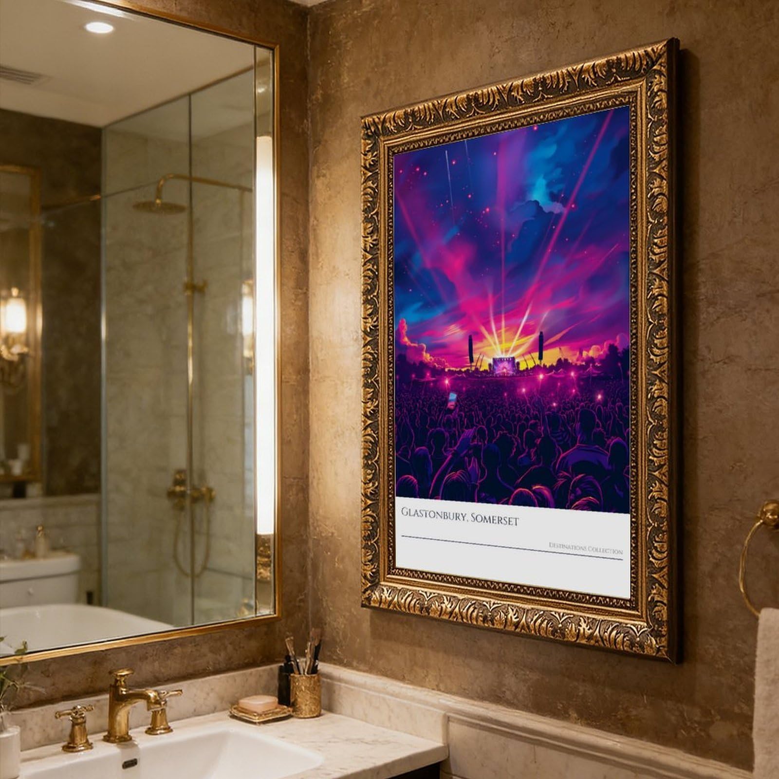 Poster di Glastonbury Festival viola Light Show Music Memorabilia Canvas Poster Wall Art Decor Stampa Dipinti per Soggiorno Camera da Letto Decorazione Retro Cornice Dorata 40,6 cm L x 61 cm W