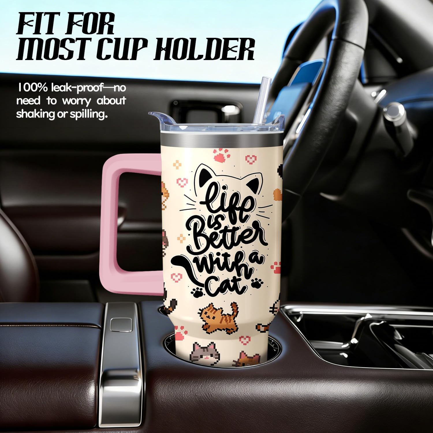 Cute Cat Tumbler with Handle and Straw, 40oz Travel Coffee Mug Water Bottle with Lid, Stainless Steel Insulated Cup, Birthday Gifts for Women Animal Lovers