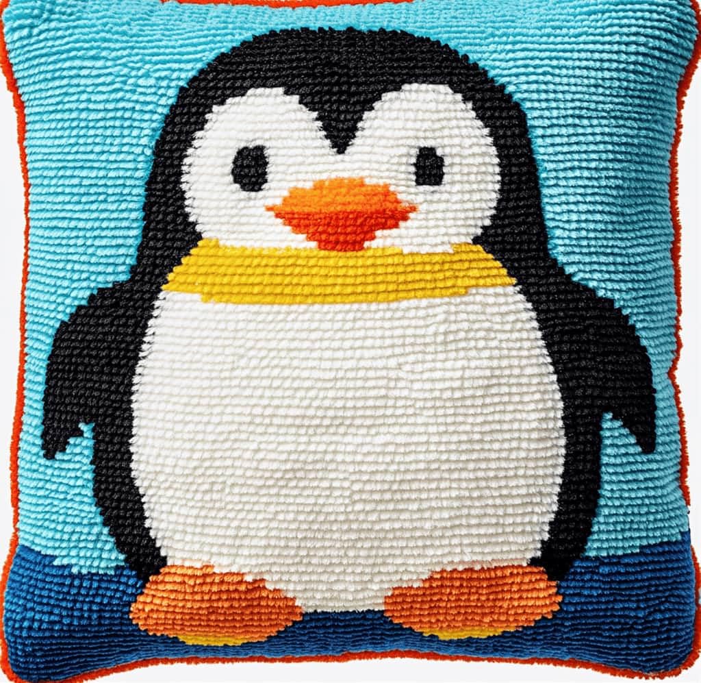 Kitquiver Latch Hook Kits Penguin for Adults,Beginners DIY Latch Hook Cushion Kits and Latch Rug Kits Cross-Stitch Embroidery Cushion Cover for Home Sofa Decoration 17X17 in