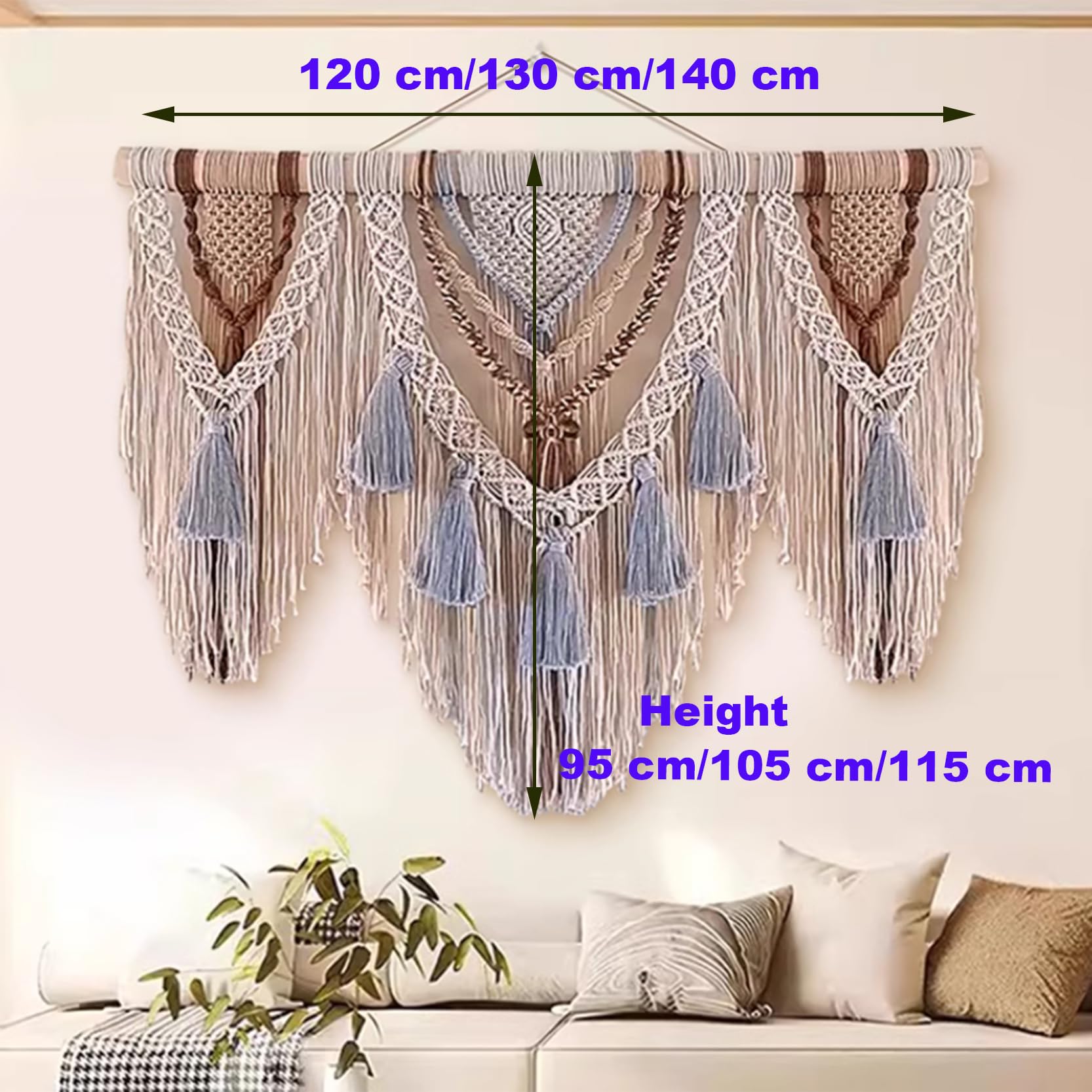 Bohemio Macrame Colgante de Pared Grande Tapiz Tejido geométrico, Tapiz de Arte Tejido a Mano con Borla y Patrones Elegantes, Cuerda de algodón Natural Boho Decoraciones,120x95cm