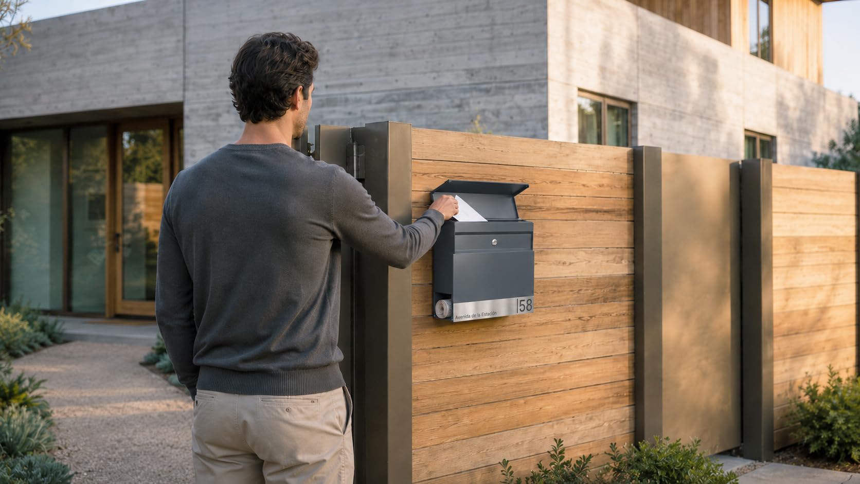 ARREGUI Plate E6525CA Buzón para Exterior Personalizable de Acero Soporte para Periódicos | Buzon de Pared (DIN A4) | Buzón para Casa con Placa de Acero Inoxidable para Nombre y Dirección | Antracita