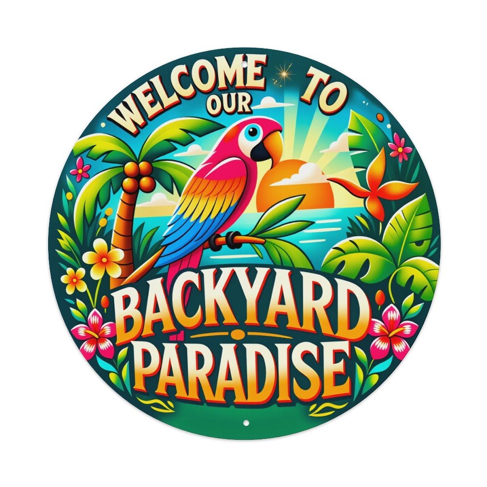 Tropical Parrot Palm Flowers Sun Round Tin Sign Vintage Metal Poster Retro Bar, Home, Man Cave, Kitchen, Laundry Room Wall Art Decor Gift 8x8In