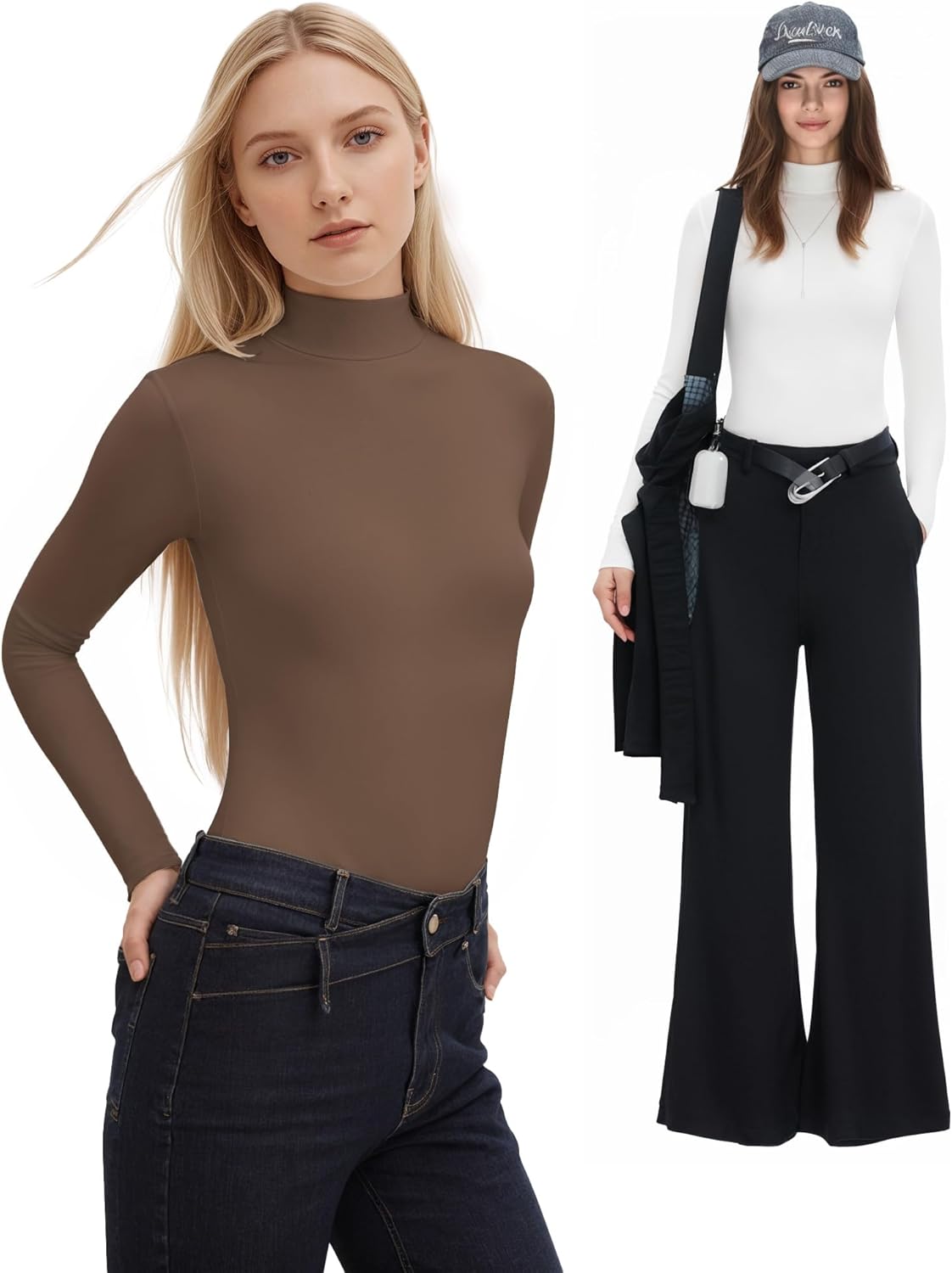 Womens Long Sleeve Body Suits Mock Turtleneck Thong Bodysuits Shirts Trendy Fall Going Out Tops Y2K 2025 - Image 5