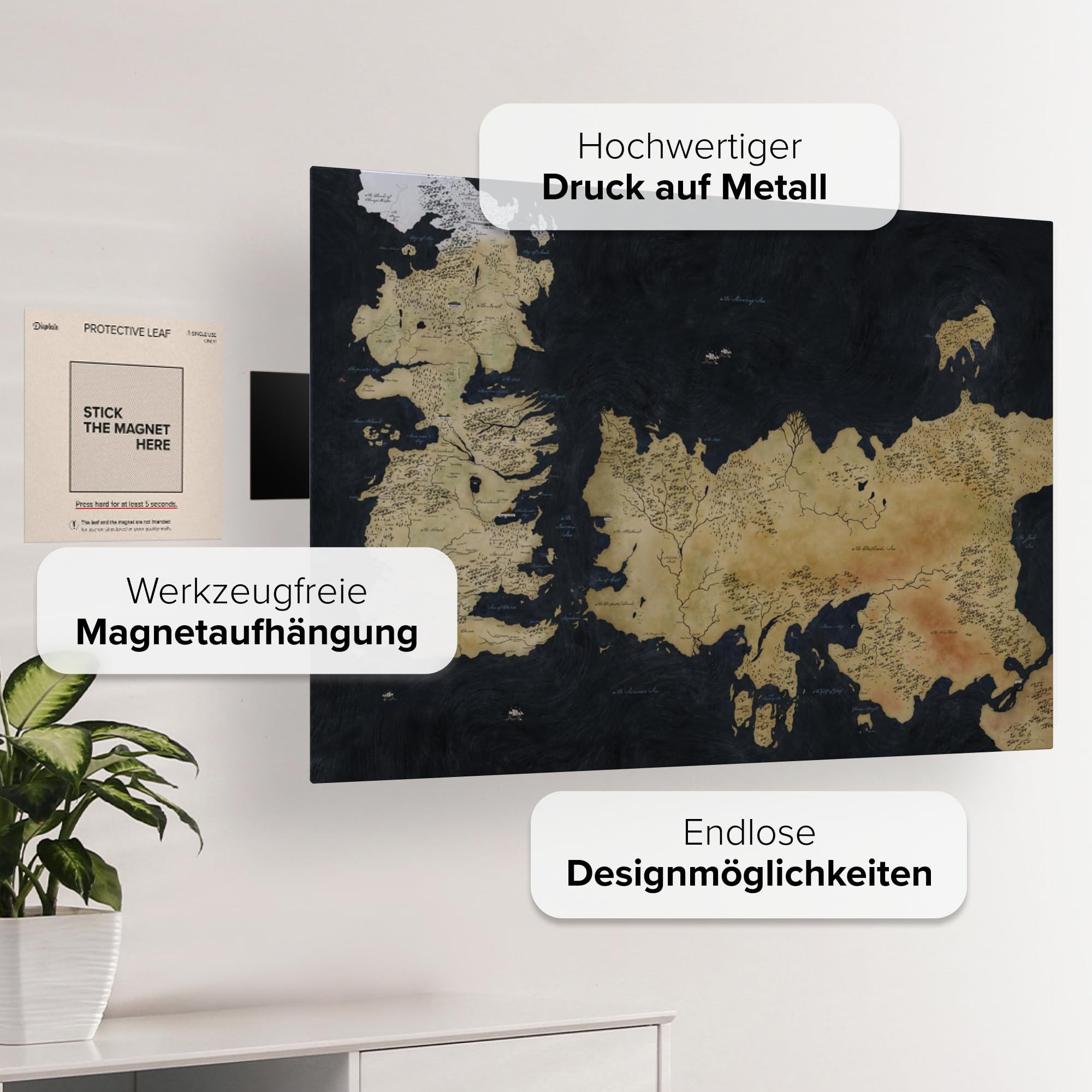 Displate Offiziell Game of Thrones MetallPoster Magnetische Befestigung Inklusive Lizenziert Bilder Hochwertiges Poster Various - Westeros Map 67.5 cm x 48 cm