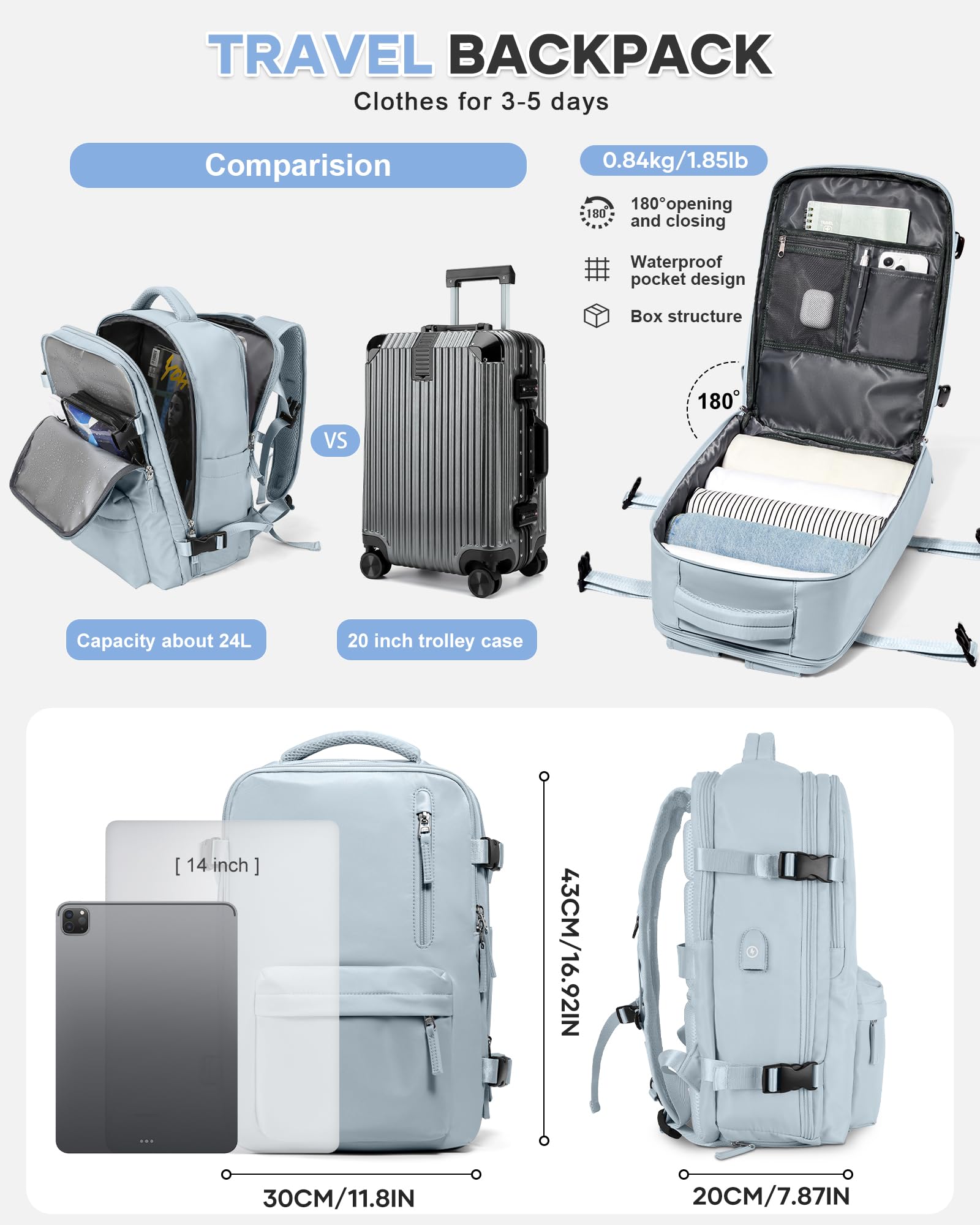 BJLFS Borse da Cabina per Ryanair 40×30×20 Zaino da Viaggio con Sottovuoto Bagaglio a Mano 40x20x25 Easyjet 45×36×20,Zaino Wizzair 40x30x20,Zaino Casual per laptop da 14 pollici per scuola