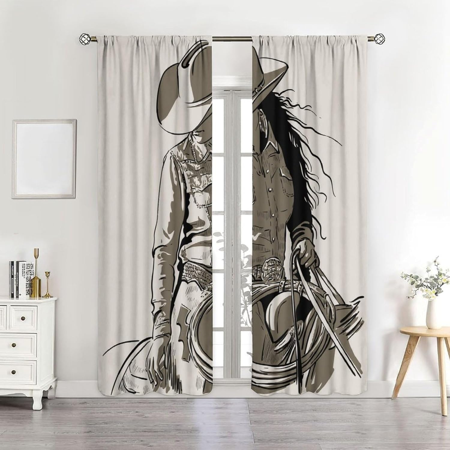 Cowboy Curtains, Western Curtains, Bedroom Curtains with Cowboy Girl Riding Horse Comic Art Style for Bedroom, Living Room, Private Office W42xL45 inches Decor