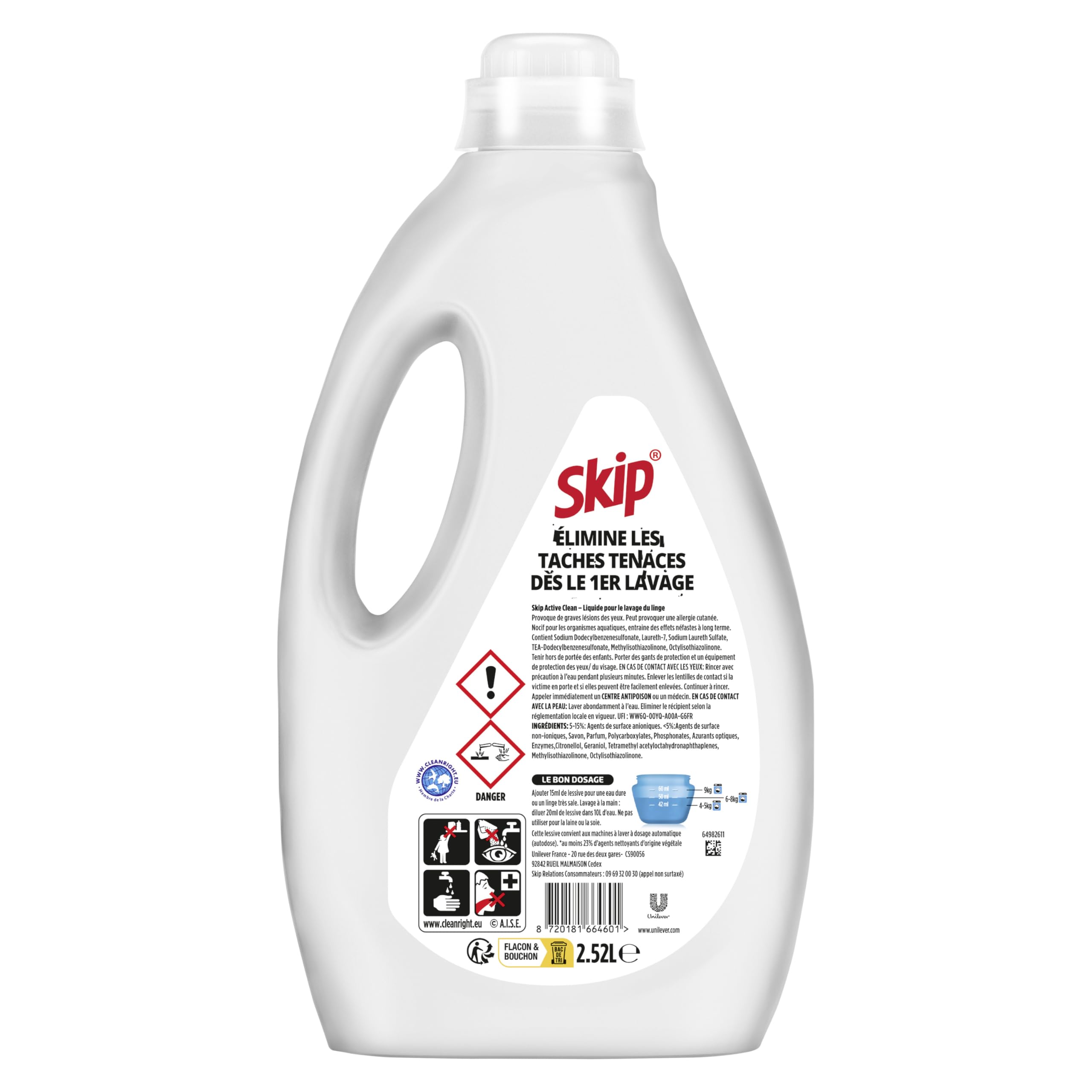 Skip Lessive Liquide Tout en 1 Extra Détachant, 80 Lavages | Élimine 50 taches tenaces, efficace en cycle court et à froid, formule concentrée pour un linge impeccable