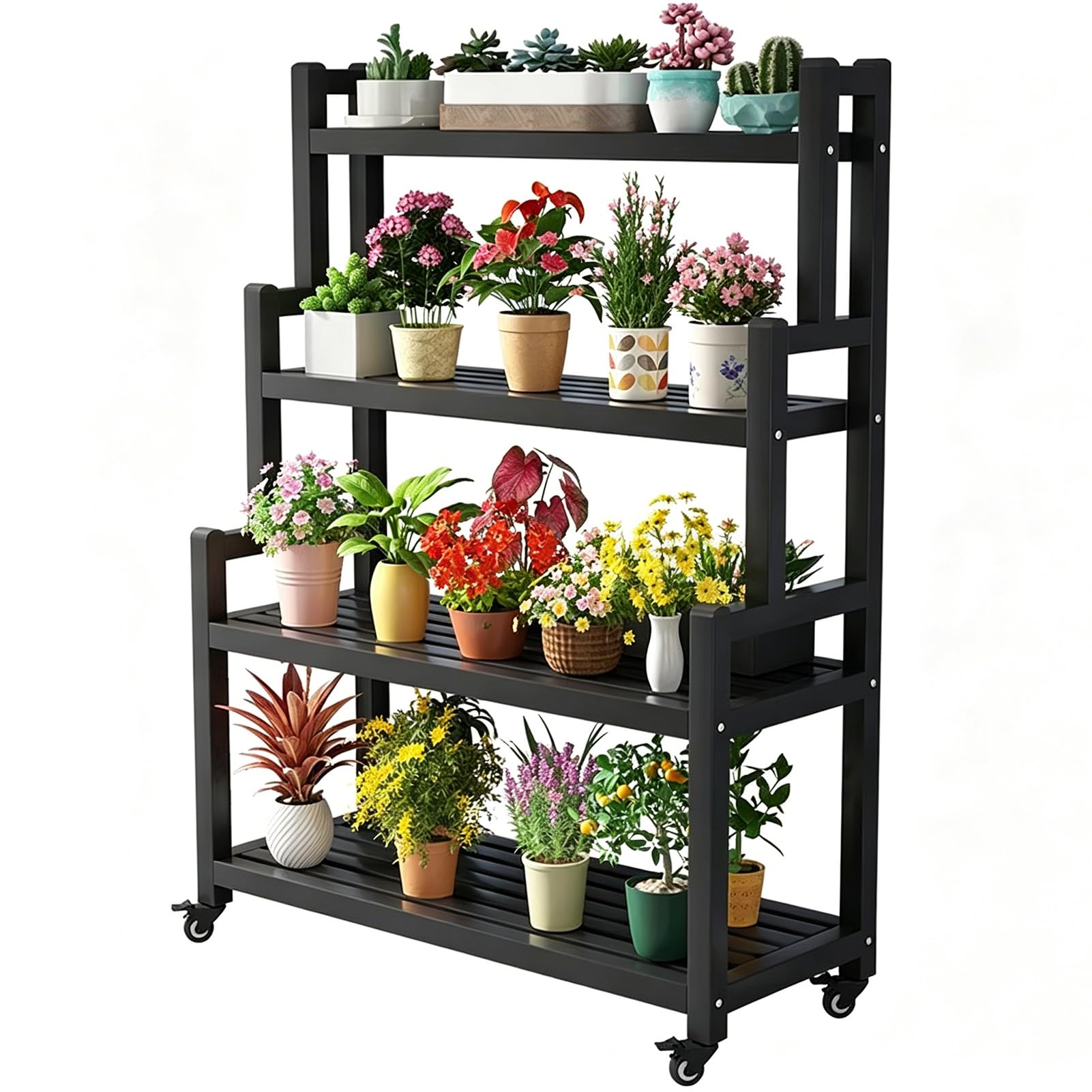 DMCHENGMA 4-Tier Plant Stand Black Metal Iron Heavy Duty Ladder Flower Pot Holder w/Wheels and Brakes Multiple Planter Display Rack(80x40x145cm)