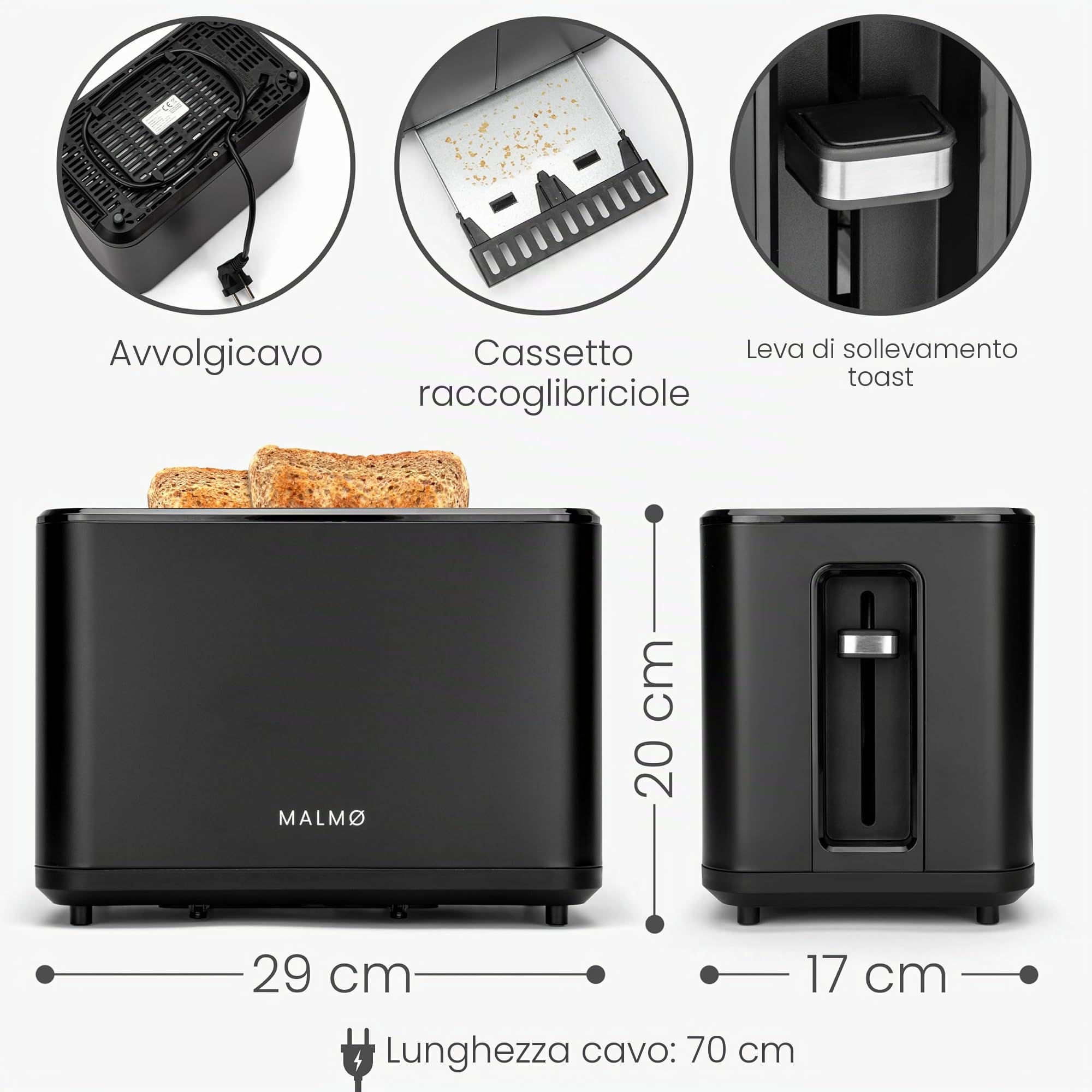 MALMØ Tostapane – 900 Watt con timer digitale – tostapane 2 fette – con inserto per panino – nero opaco