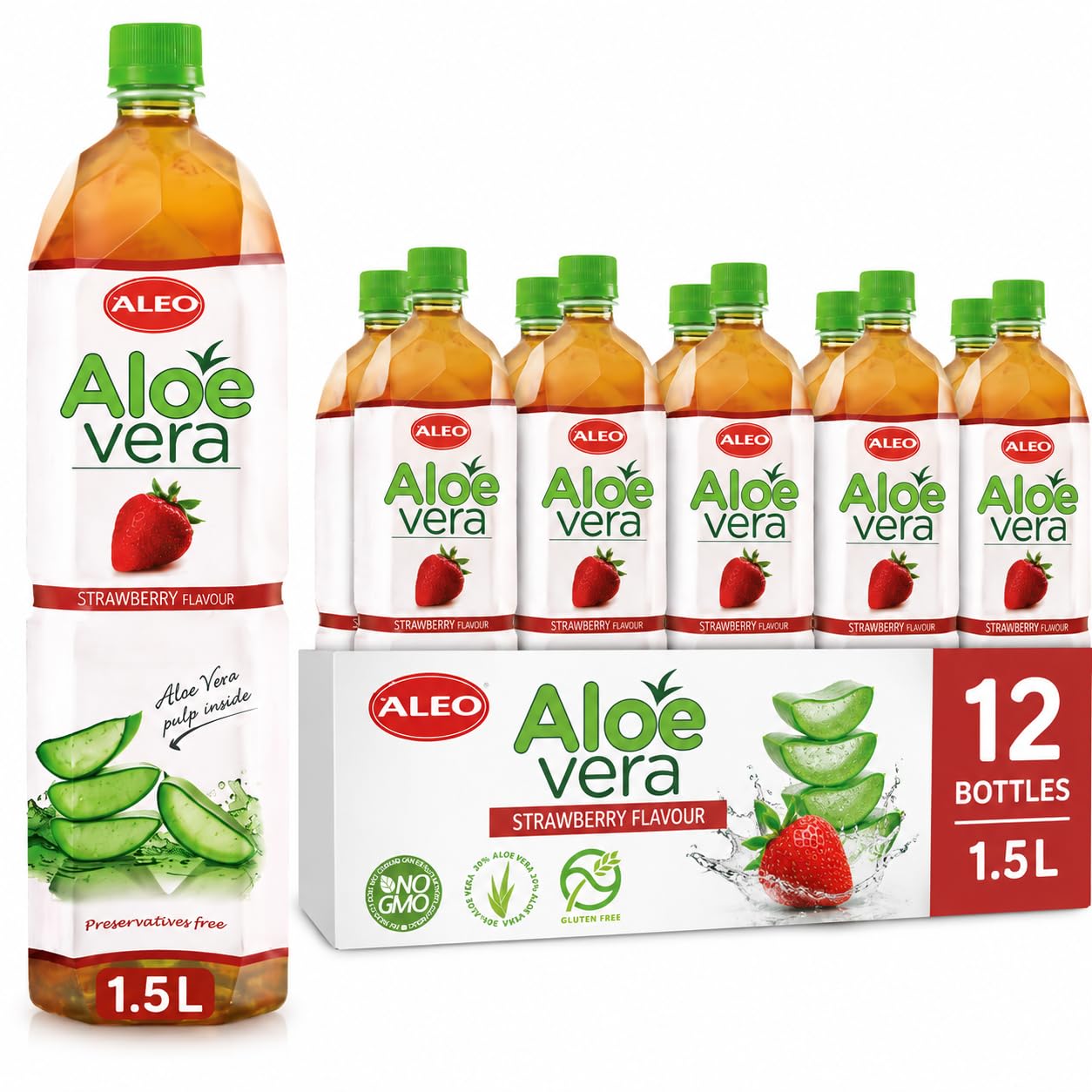 ALEO 1.5L Strawberry Aloe Vera Drink - Natural, No Preservatives, No Artificial Colors Superior Taste Award 2025