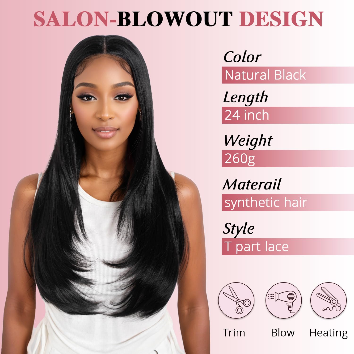 Style Icon Layered Wig Glueless Synthetic Lace Front Wigs 24 inch Natural Black Long Layered Straight Hair Wig for Women 13x4x1 T Part Lace Pre Plucked Hairline - Image 2