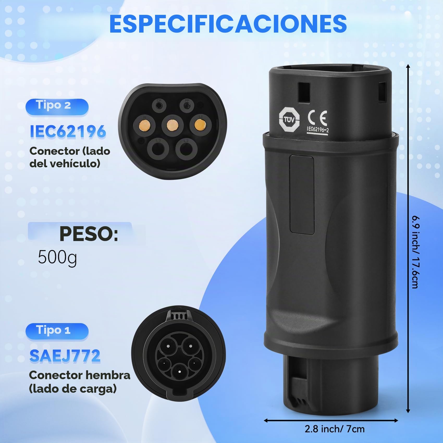 JULIK Adaptador Tipo 1 a Tipo 2 (SAE J1772 a IEC 62196) - 32A 7.2kW, IP54 Impermeable, Convertidor para Cargar Coche Tipo 2 EV/PHEV en Estaciones Tipo 1