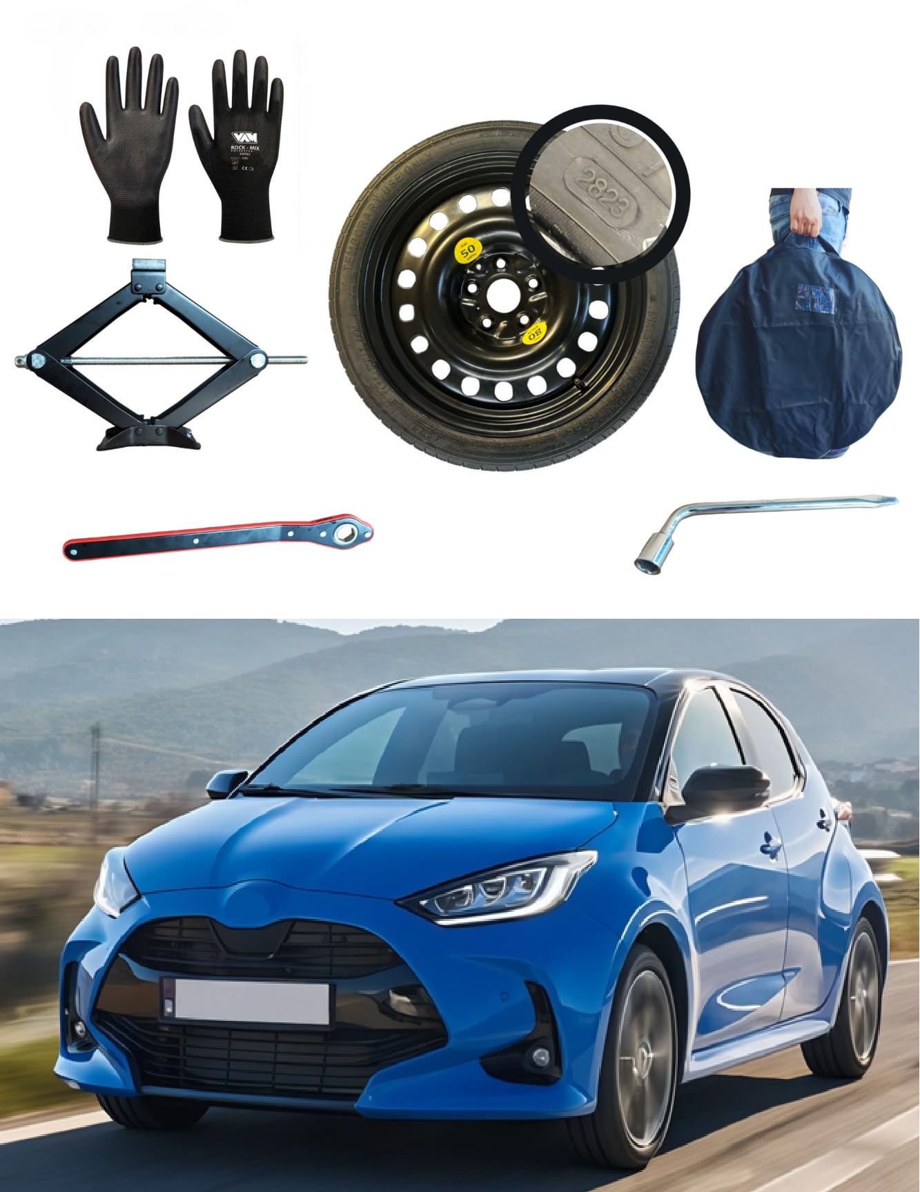 Kit de Rueda de Repuesto 16" compatible con Toyota Yaris Hybrid con Gata, Llave, Guantes y Funda125/70R16