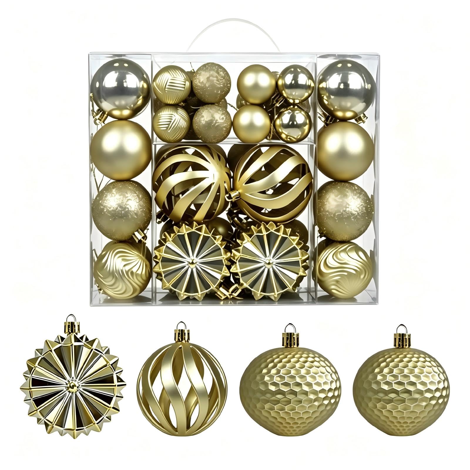 48 Pcs Christmas Balls Decoration, Gold 4-6-8cm Multiple Styles Shatterproof Christmas Baubles Elegant Colours Christmas Ornaments with Hanging Loop for Xmas Tree Home Decorations