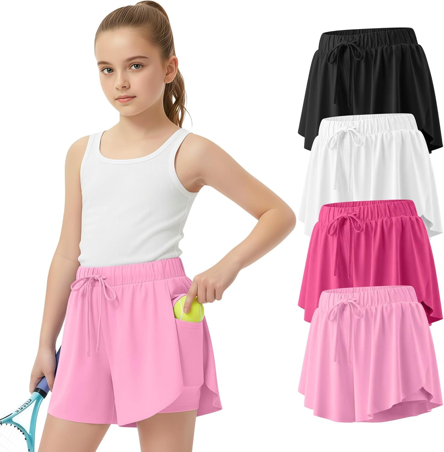 4 Pack Girl's Athletic Flowy Shorts Kids Butterfly Short with Pockets 2 in 1 Drawstring Sports Skirts for 5-14 Years
