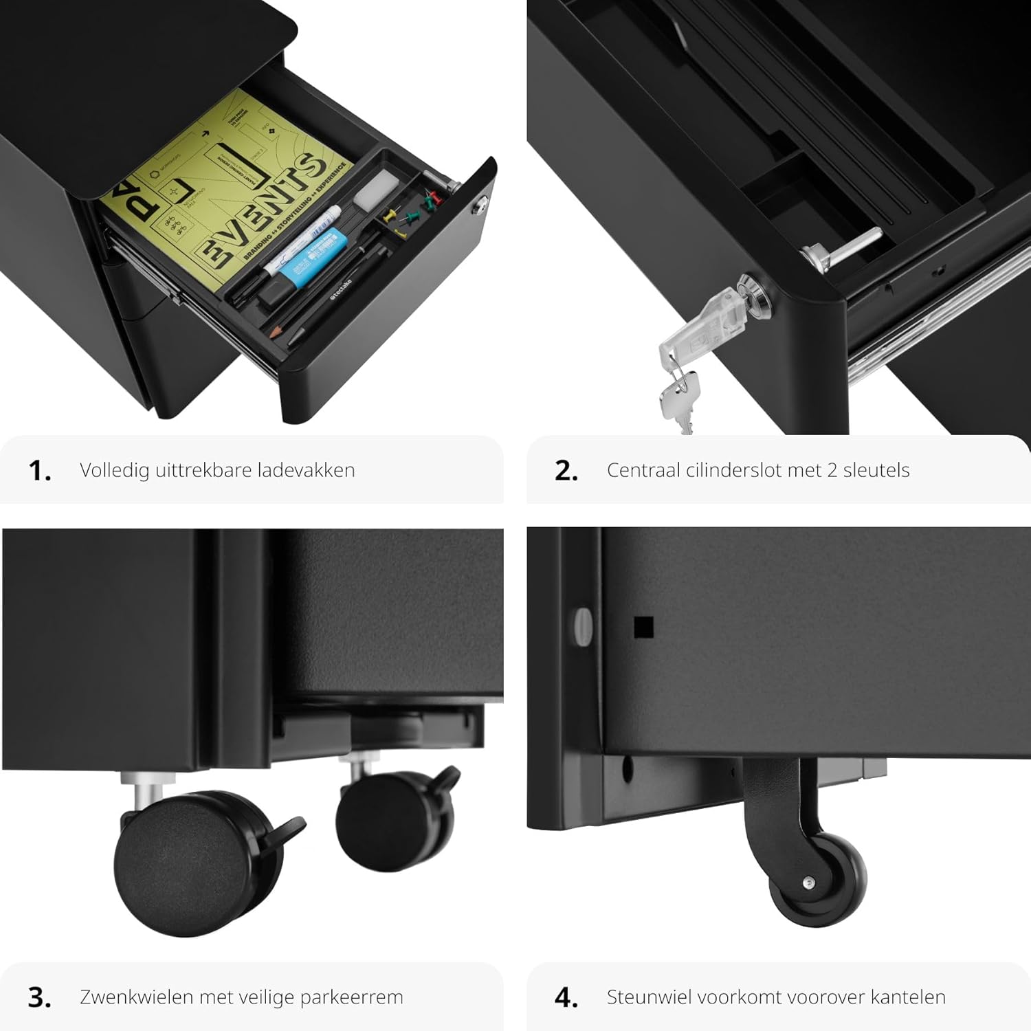 Close-up of the bottom of the filing cabinet showing the swivel wheels and the anti-tilt support wheel.